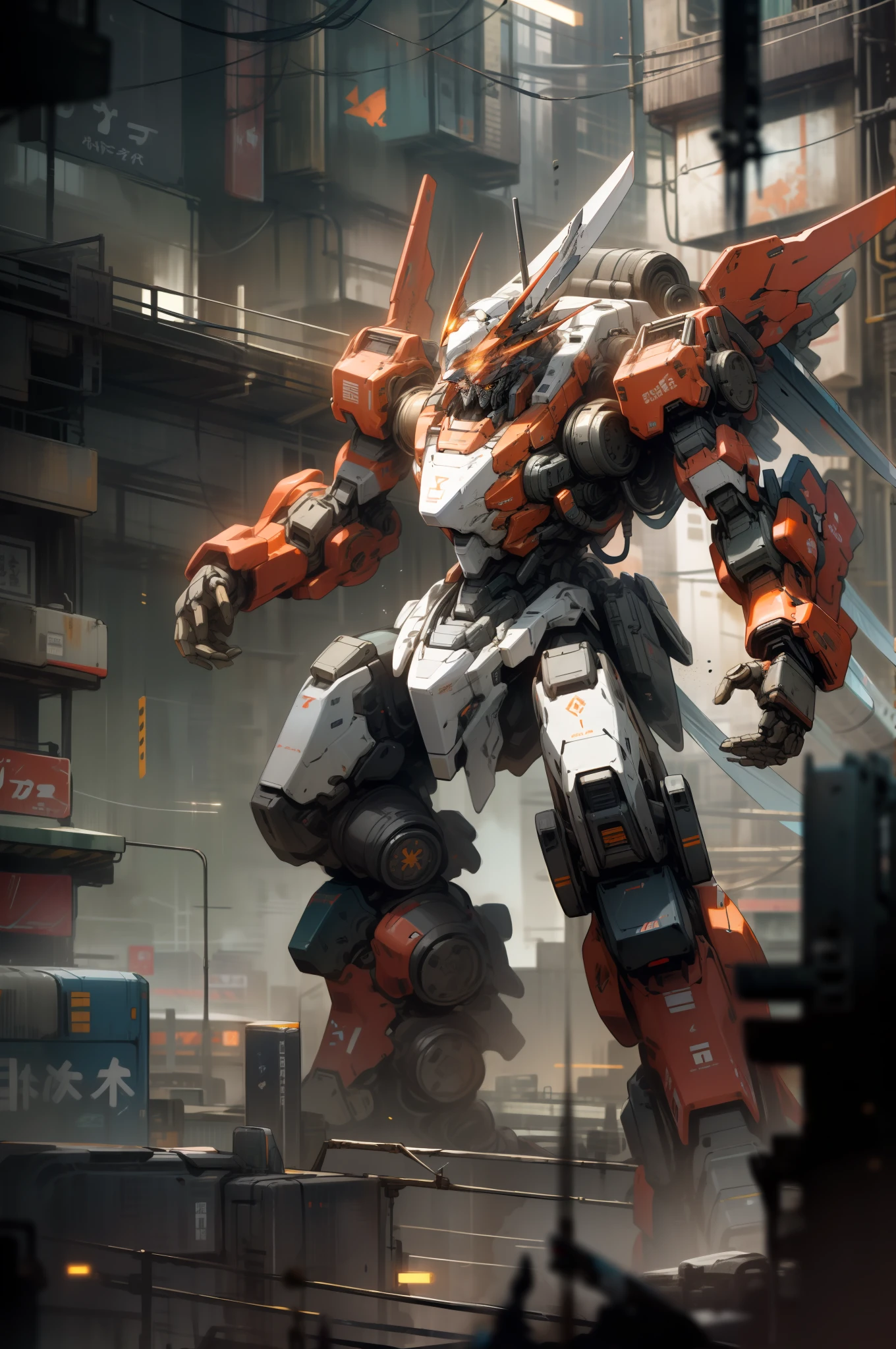 Barren planet, ruins, weapons in hand, no humans, glow, robots, buildings, glowing eyes, orange mech, science fiction, city, reality, mecha, galactic background, neon, cyberpunk, dragon mech hovering around mech, holding a heavy sword