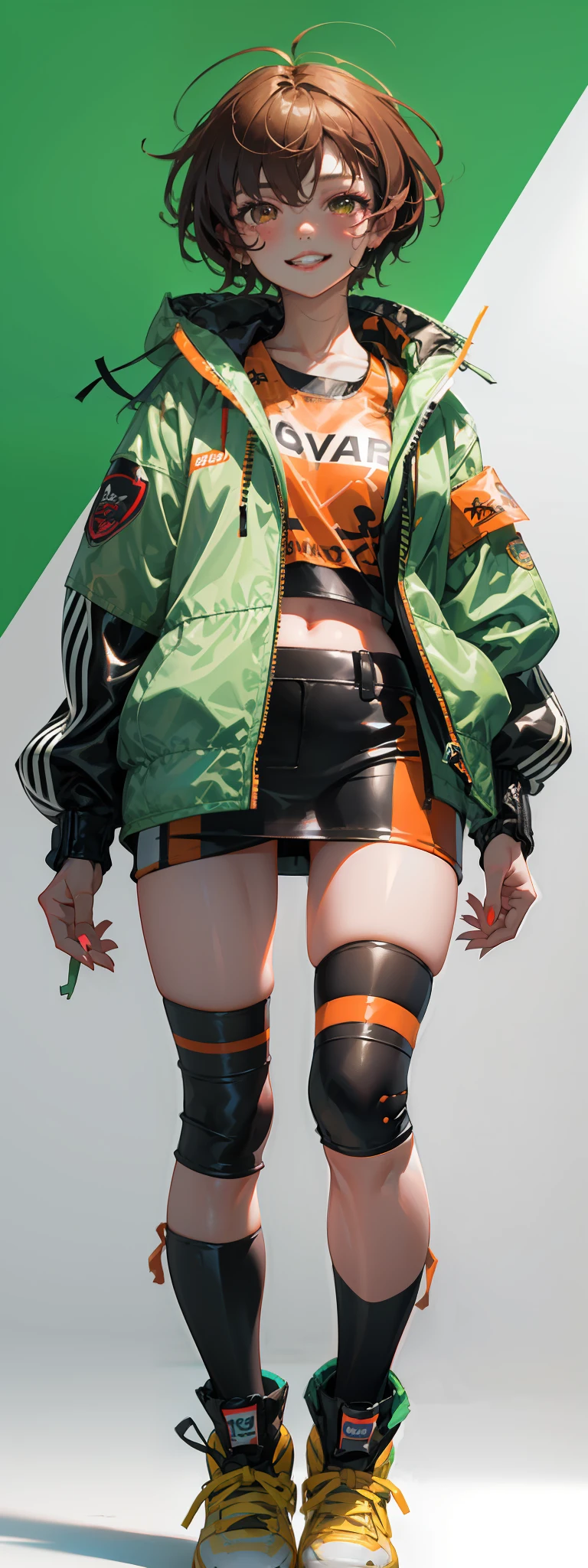 1girl, solo,underwaterbrown hair, brown eyes, parted lips, long sleeves, jacket, simple background, upper body, red background, looking at viewer, teeth, Green jacket, lips, cosplay,  full body, smile，motorbike, (dynamic pose) green