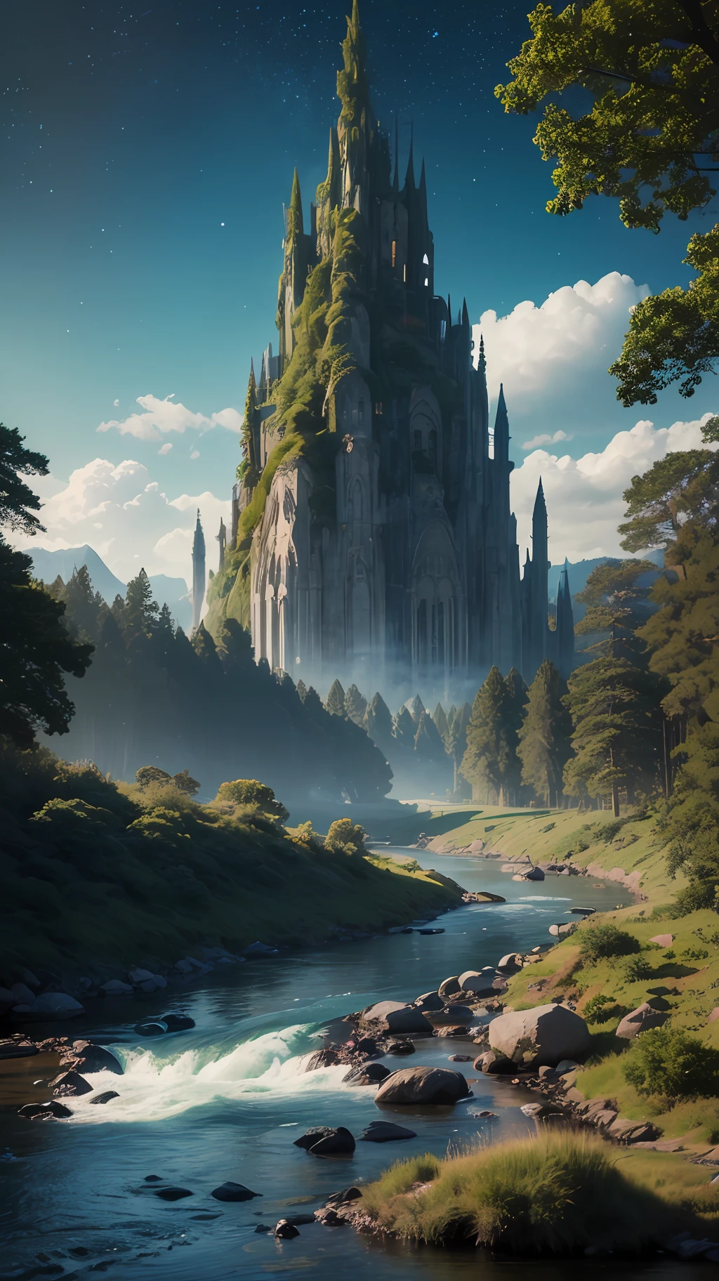 Illustration of a hyperrealistic , otherworldly, ultrasky scene featuring a giant crystal tree full body,very detailed and magical lighting, intricate forest details, vegetation and river around, solarpunk ,landscape, giant tree, beatifull leafy with beautiful lighting and realistic proportions, as if it were a cinematic background, 8k, highest quality, masterpiece, clouds and stars in the sky.