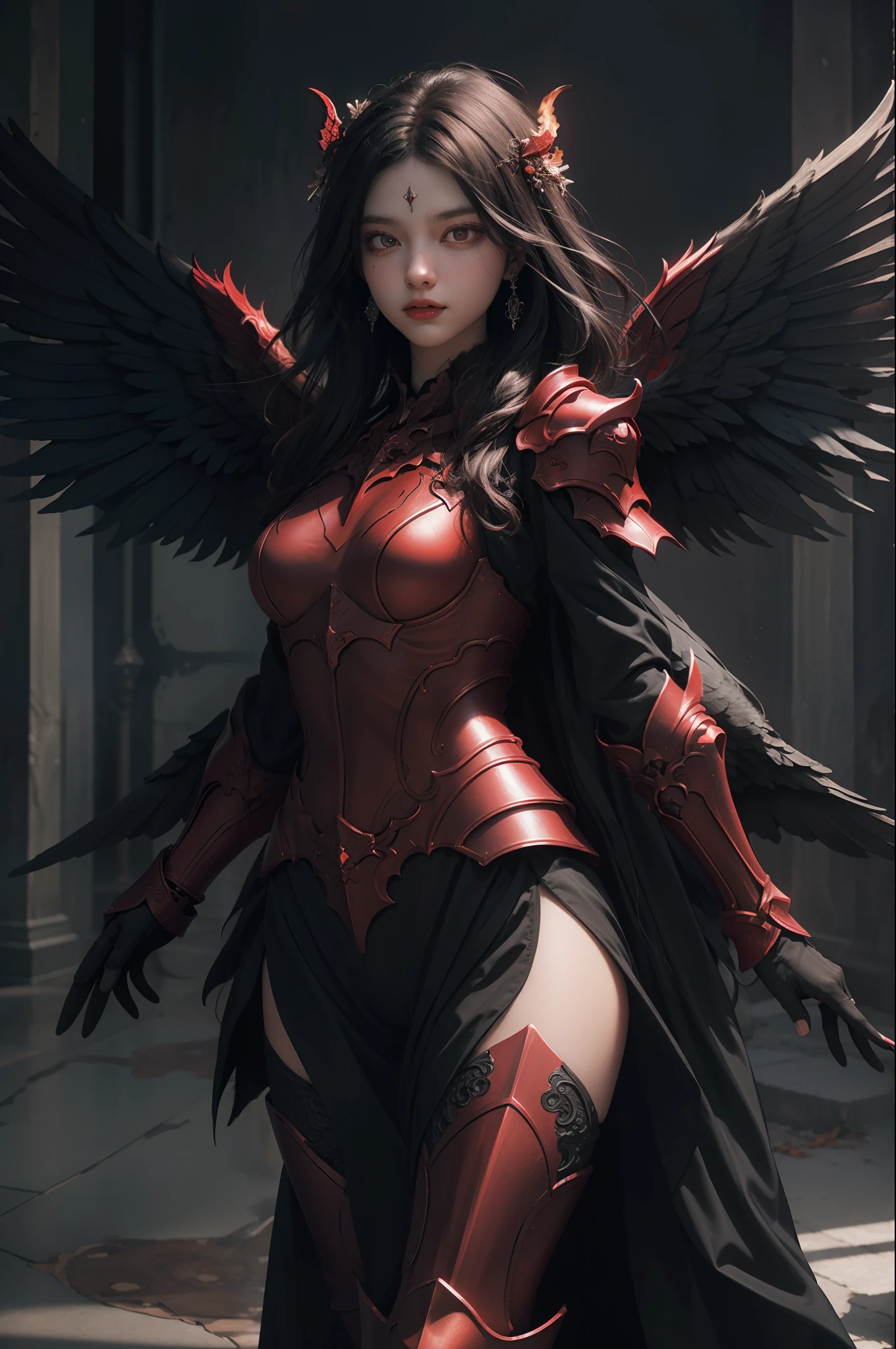 (extremely detailed CG unity 8k wallpaper,masterpiece, best quality, ultra-detailed, beautiful detailed eyes:1.2),best illumination, (best shadow, an extremely delicate and beautiful, bloom),
1gril,solo,red eyes,Heavy armor,long hair,holding sword,Angel wings,black wings,red jewelry,(big wings:1.4),Film filter,Satan, Hellfire,full body,demon,flame,