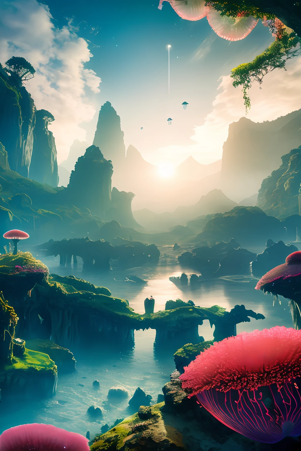 High Quality, Ocean Forest, City, Fantastic Fantasy, Glowing Plants, Coral Viaduct, (Swarm of Glowing Jellyfish), (Shoal of Fish with Transparent Wings Flying in the Sky), Misty, Extreme Detail, Morning Light, Epic Composition, (Intricate Detail), (Intricate Design, Ultra Detail: 1.2), Art Station, (Masterpiece, Best Quality), Ultra HD, best quality,extremely detailed CG unity
8k wallpaper, scenery, outdoors, sky, cloud, Bokeh, Depth of Field, HDR, bloom, Chromatic Aberration ,Photorealistic,extremely detailed, trending on artstation, trending on CGsociety, Intricate, High Detail, moon, art by midjourney