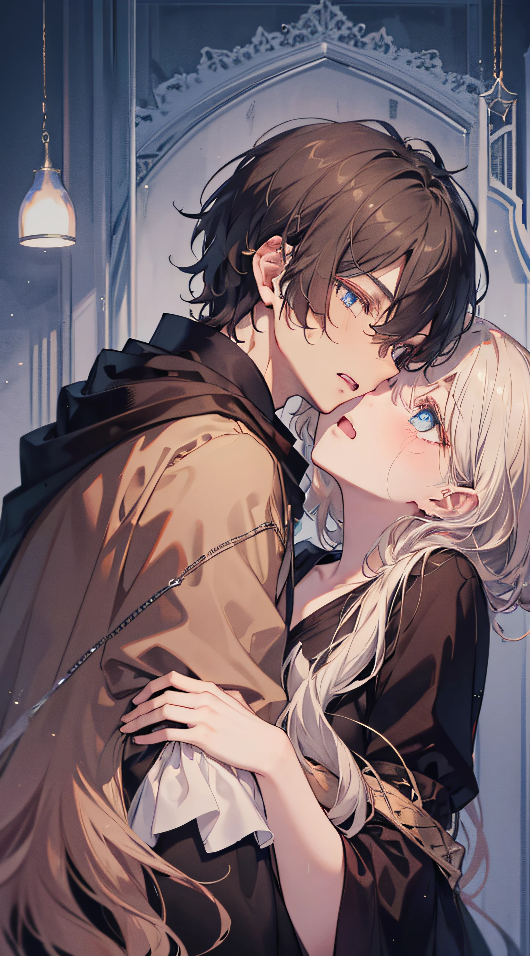 1 man, sharp blue eyes, sharp pupils, brown pointed hair, he wears a black robe, intimate hugs with his red-eyed wife ((41-year-old face))