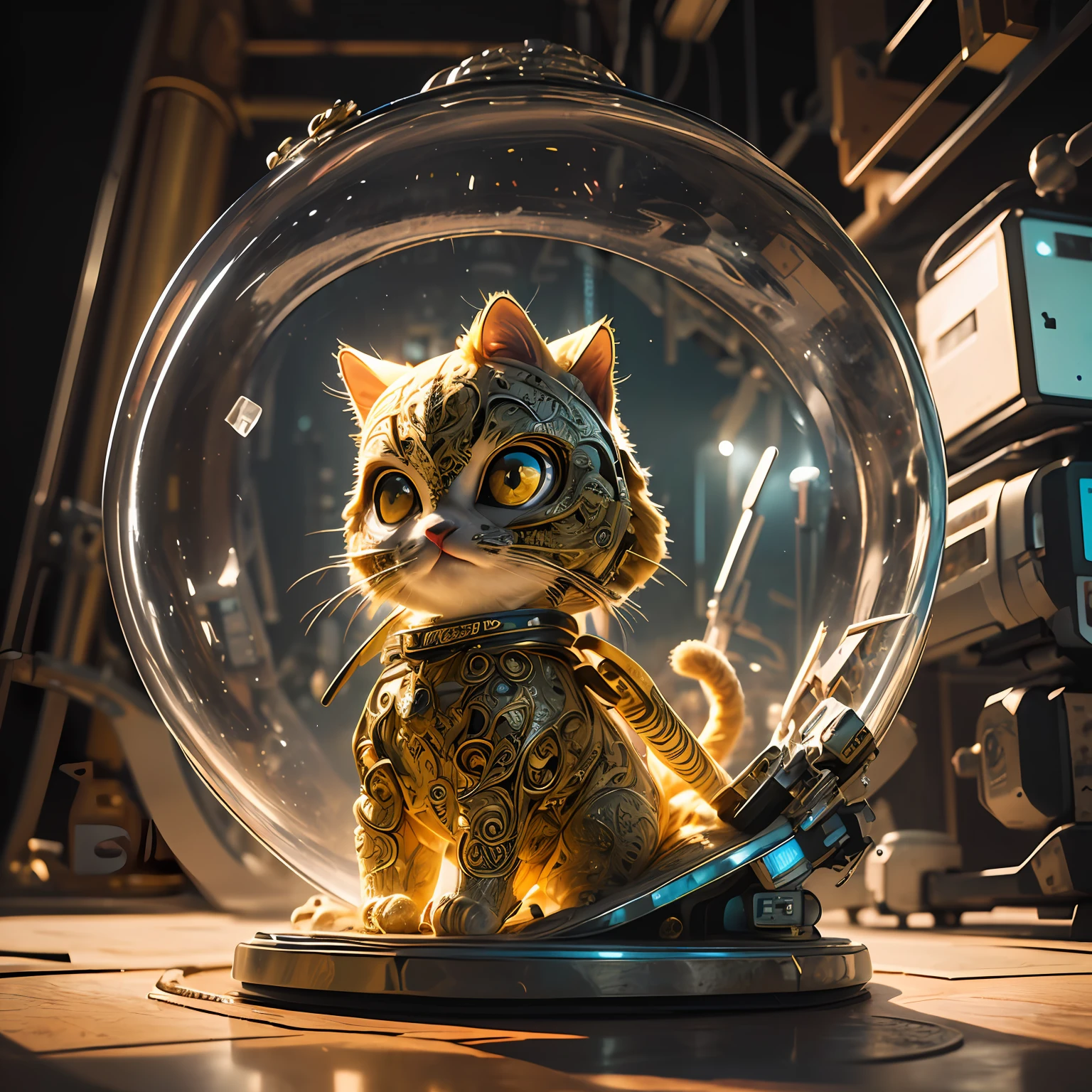 A cute yellow kitten, made of metal, cyborg, cyberpunk style, (((intricate details)), HDR, (((intricate details, hyperdetailed)), cinematic photo, vignette