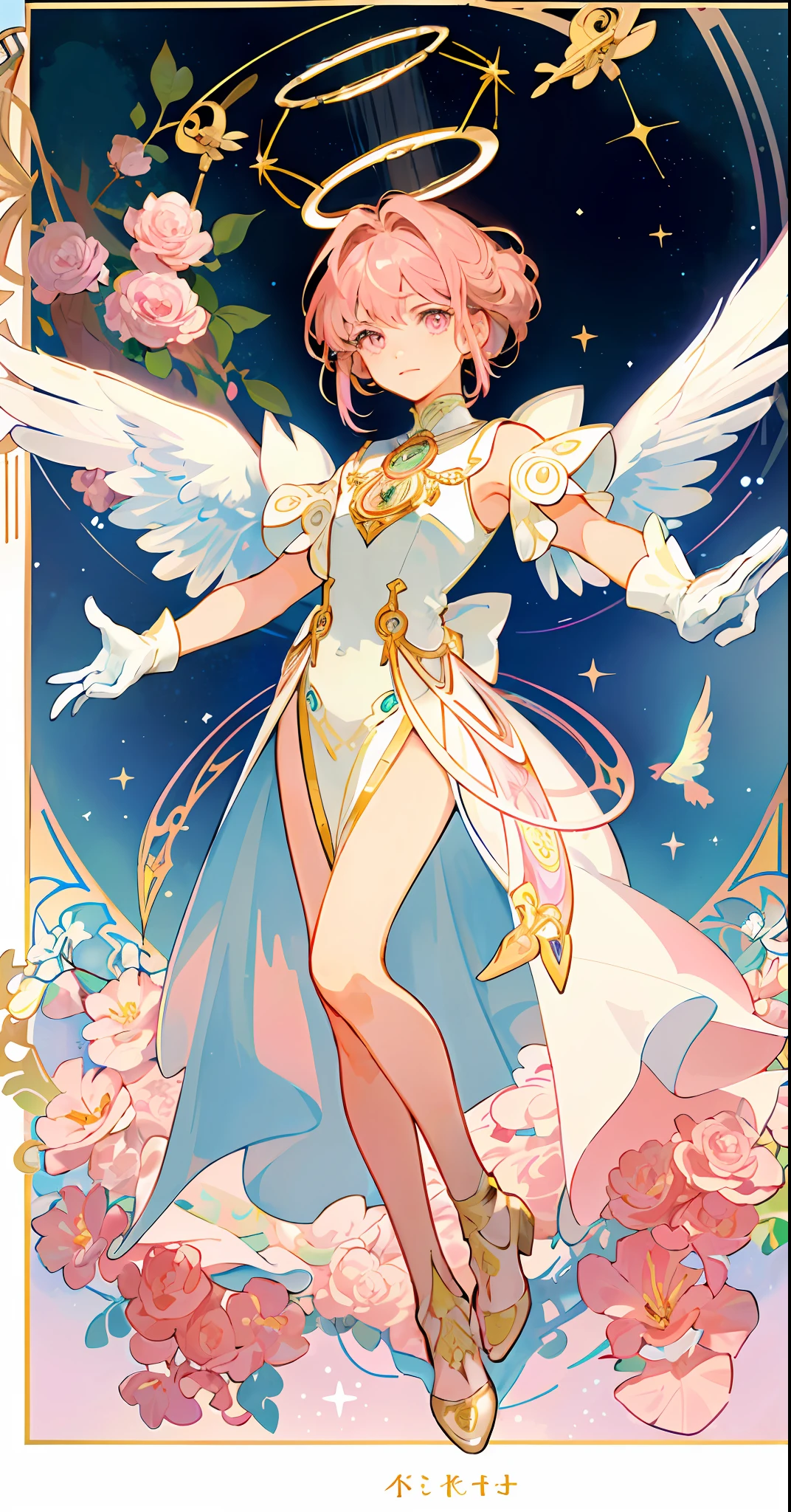 ((masterpiece,best quality)),(1girl, solo:1.4),beautiful detailed eyes, vivid, cinematic light, full_body, pink_flowers, (tarot_card), intricate, detailed background, looking_at_viewer, Cardcaptor sakura, hands reaching out, (flat chest), (walking), casual pose, posing, (white_gloves), (pink_eyes), white feathers, sparkles, glitter, celestial, outerspace, by alphonse mucha, (gold frame), halo, (tarot border)