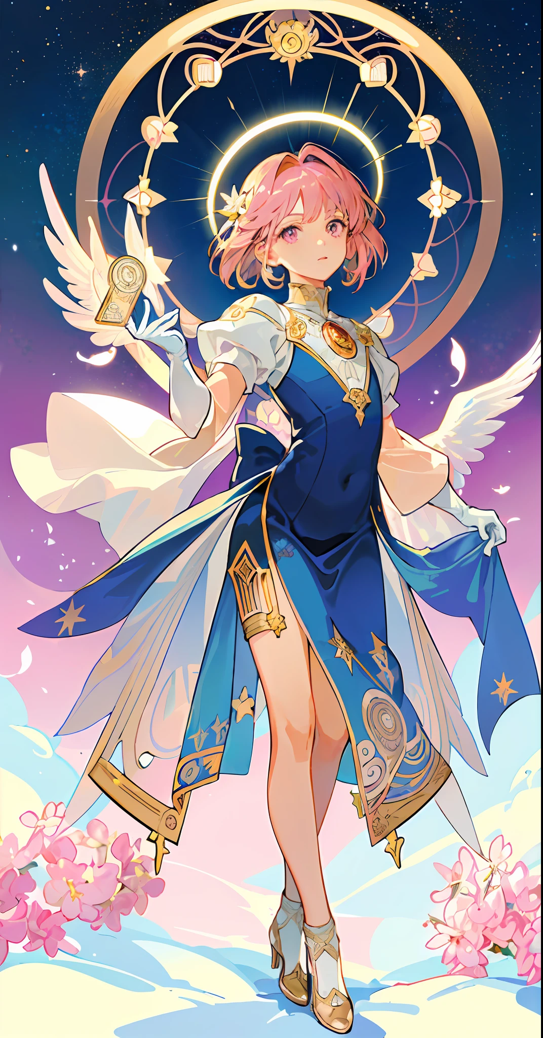 ((masterpiece,best quality)),(1girl, solo:1.4),beautiful detailed eyes, vivid, cinematic light, full_body, pink_flowers, (tarot_card), intricate, detailed background, looking_at_viewer, Cardcaptor sakura, hands reaching out, (flat chest), (walking), casual pose, posing, (white_gloves), (pink_eyes), white feathers, sparkles, glitter, celestial, outerspace, by alphonse mucha, (gold frame), halo, (tarot border)