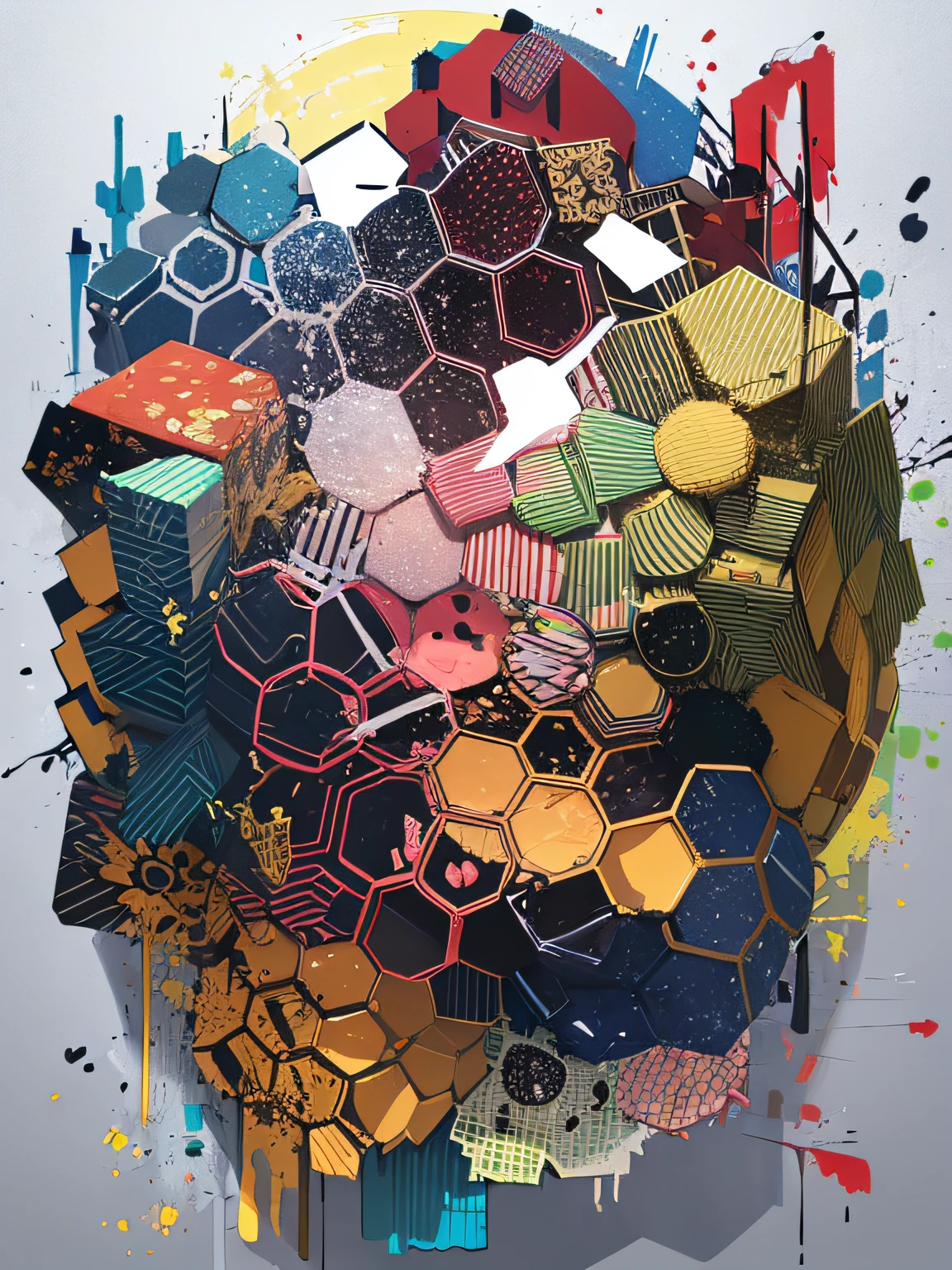 Super detailed, high quality, masterpiece, colorful hexagonal fragments splattered.