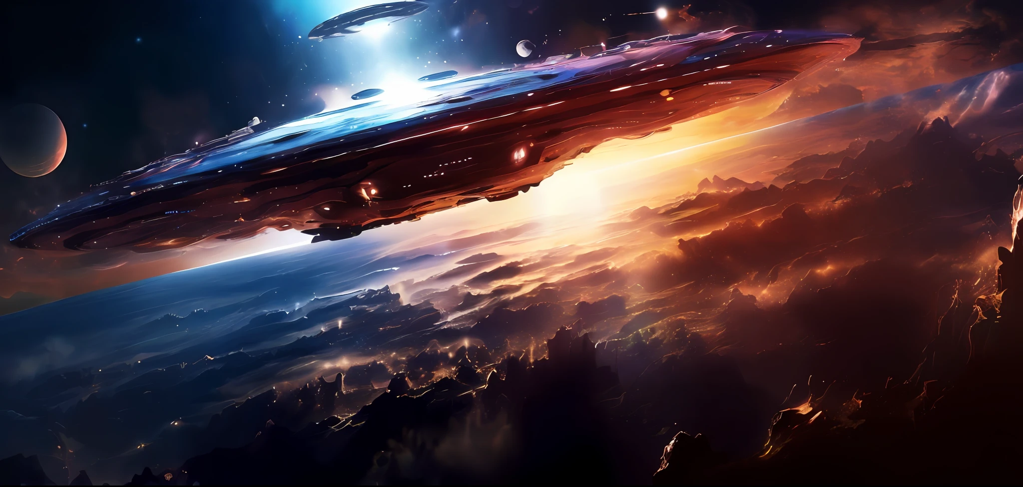 IMAGE: Photography | GENRE: Science, Science Fiction, Sci-Fi | MOOD: Adventure, Mystery, Wonder, Exploration, Twist | SCENE: As the interstellar vessel pierced the cosmic veil, a crew of intrepid explorers embarked on a journey beyond imagination. Their mission: to venture to the farthest reaches of our universe, where mystery and wonder awaited. With each warp jump, they witnessed celestial marvels, from celestial bodies dancing in an eternal ballet to nebulas painted with hues unseen. But as they delved deeper into the unknown, reality began to unravel, and they found themselves in a realm where gravity played tricks and time ceased to exist. Amidst swirling vortexes and surreal landscapes, they glimpsed dimensions beyond comprehension. In their quest for knowledge, they realized that the true boundaries of the universe were not defined by distance but by the limits of human understanding | ACTORS: Crew of Explorers, Space Vessel, Celestial Bodies, Nebulas, Swirling Vortexes,  ----->