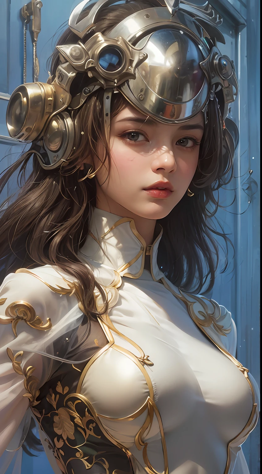 Boris Vallejo style, short hair bikini girl, holding a pistol, sweaty all over, textured skin with shiny, fusion of hyper-realistic painting, delicate brush strokes, pure white background, photorealistic (8k, RAW photo, photorealistic:1.25), (lipgloss, eyelashes, gloss-face, glossy skin, best quality, ultra highres, depth of field, chromatic aberration, caustics, Broad lighting, natural shading, Kpop idol) Watch the audience with serenity and goddess-like happiness,