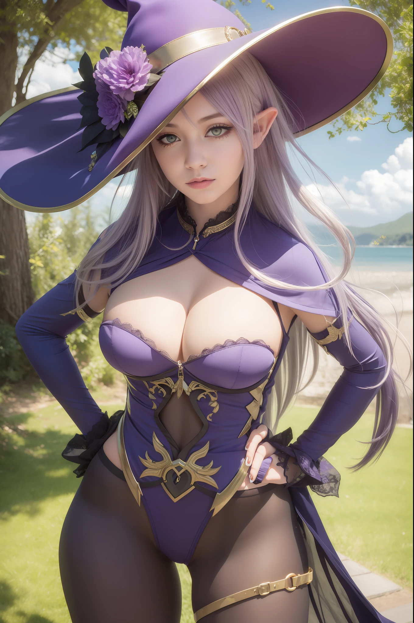 Elf girl, purple hat,big tits, purple ayes,realistic, ultra detail,70mm lens