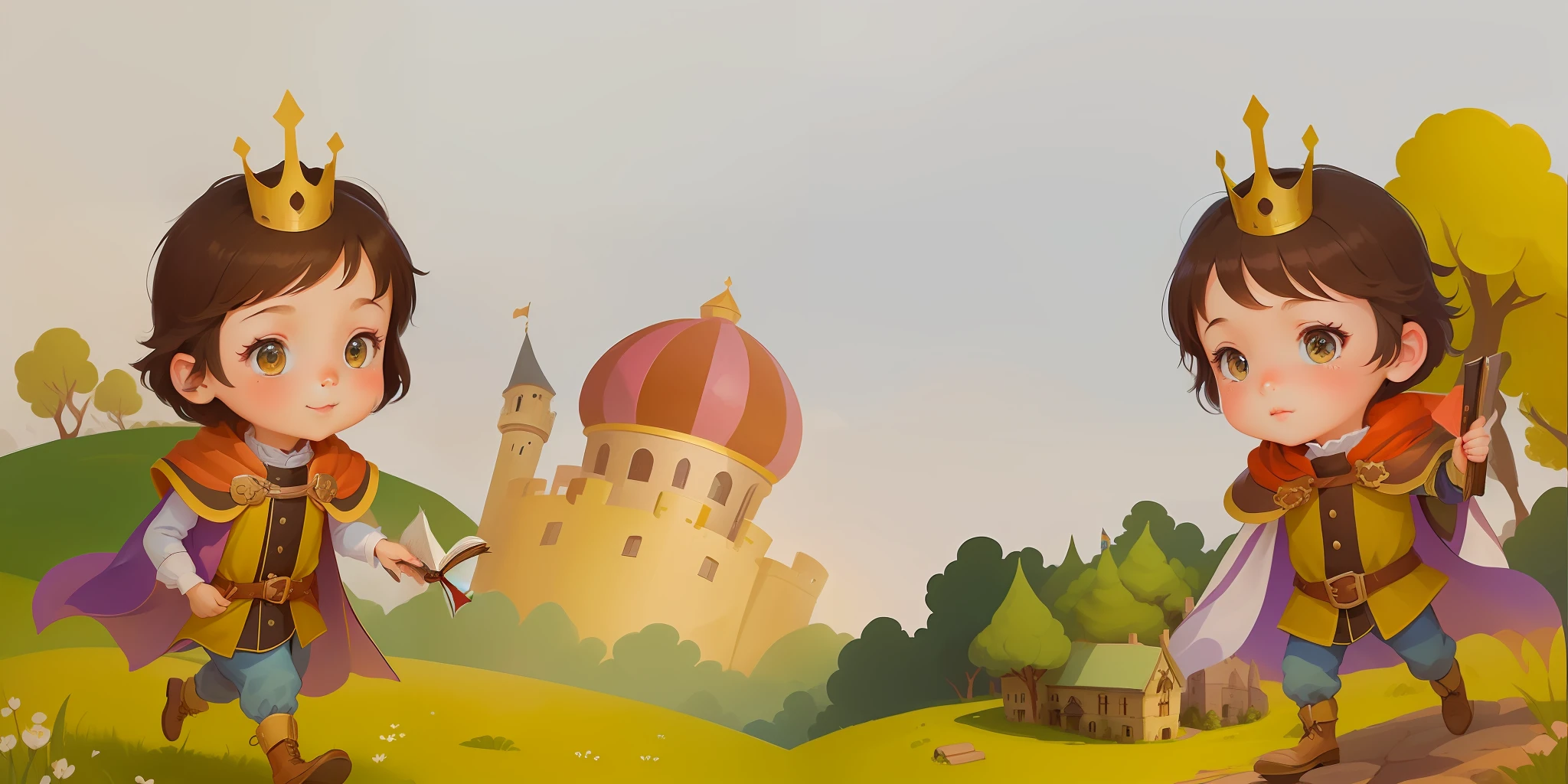 cartoon of two children dressed in costumes and holding a book, fairy tale style background, castle background, fairy-tale illustration style, background artwork, fairytale illustration, medieval castle background, background image, mobile game background, magical castle school on a hill, background art, illustration for children, storybook illustration, storybook illustation, rounded house and cute character, town background
