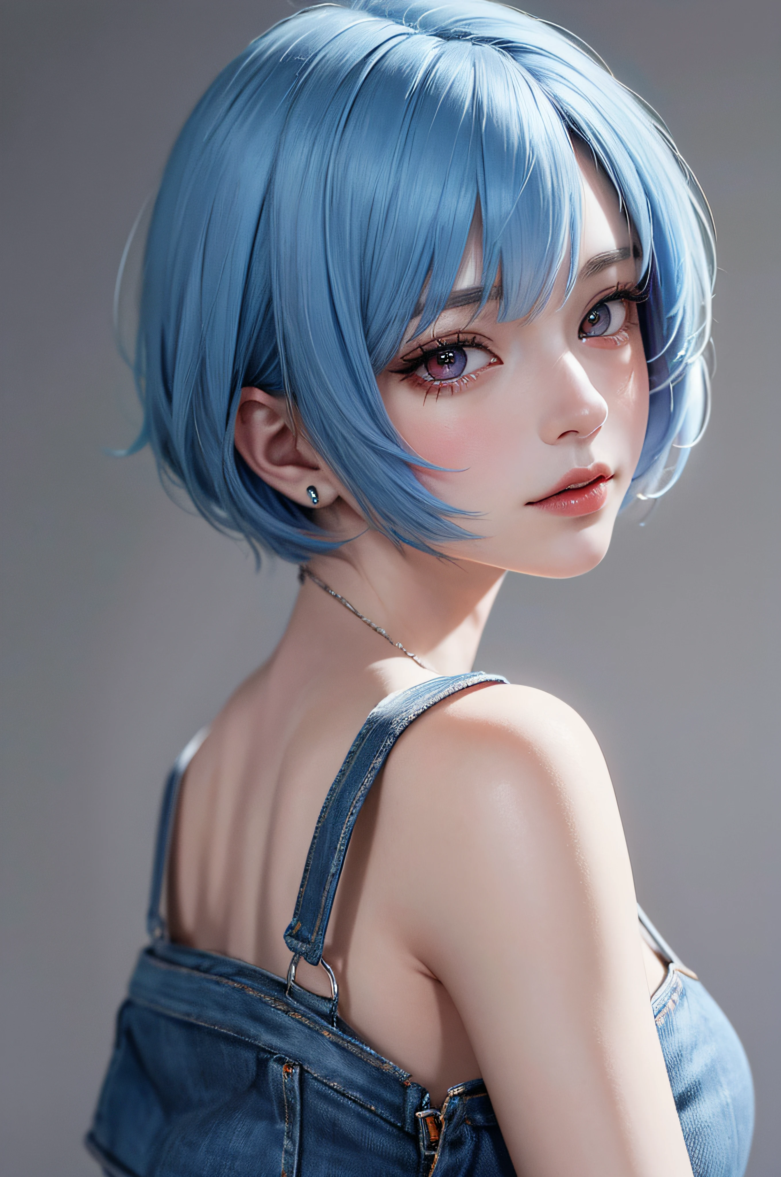 Masterpiece, Best Quality, 8K, Detailed Skin Texture, Detailed Cloth Texture, Beautiful Detail Face, Intricate Detail, Ultra Detailed, Portrait of Rei Ayanami, Blue Hair, Red Eyes, Looking Back, No Background
