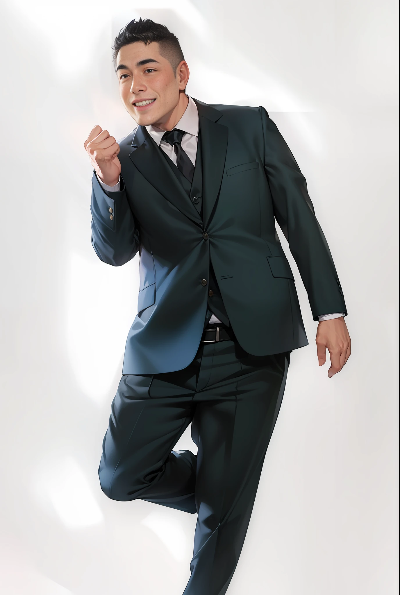 Man in suit and tie jumping in the air, wearing green suit, Tachibana party leader is posing gracefully above you, photo from promotional shoot, promotional shot, he is wearing a suit, formal dress, Takashi Tachibana, pose to break NHK, happy smile