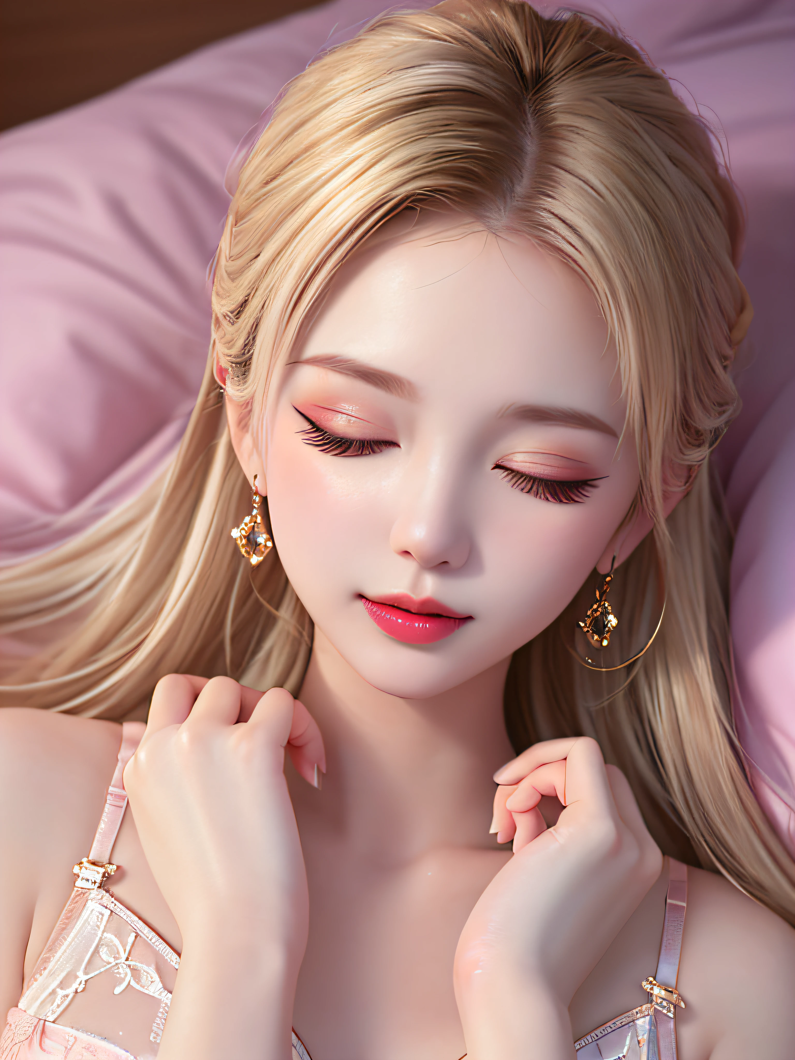 (Female teacher lying on bed)))v6, earrings, full body v6, (long golden white hair), translucent clothes, look, superb, ultra high definition, RAW photography, realism 1.25), (bright lip gloss, long eyelashes, smooth) face, bright skin, natural shadows, wide light, wide light, depth of field, strong colors, subtle caustics: 0.8), (big), v6 ( Transparent light pink bra, panties))), sleeveless, (eyes closed, face down)), lower body slender, behind the woman, there are various beautiful flowers (absurd, high resolution, super detailed), ((a little dirty all over, clothes are also torn))