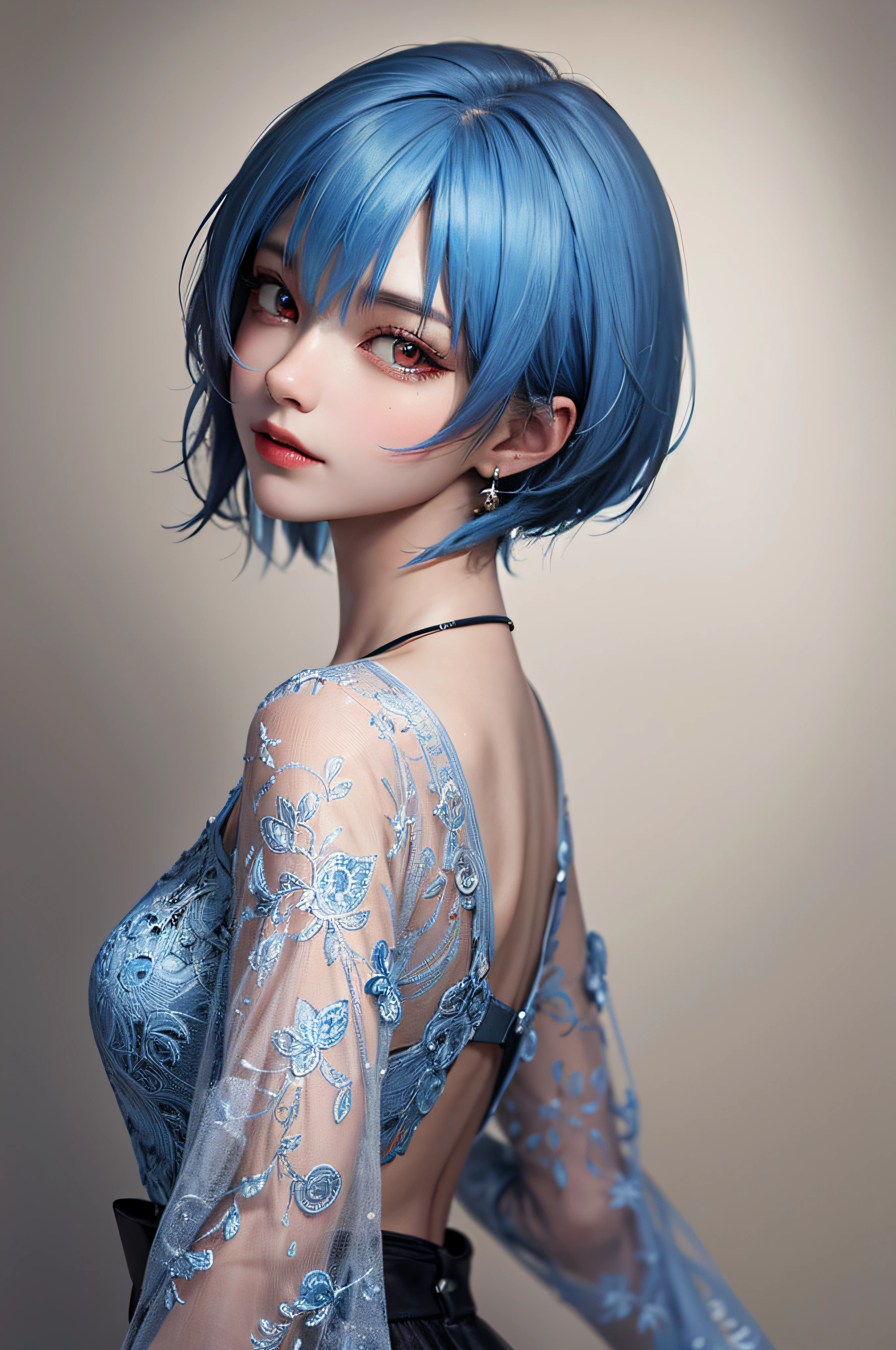 Masterpiece, Best Quality, 8K, Detailed Skin Texture, Detailed Cloth Texture, Beautiful Detail Face, Intricate Detail, Ultra Detailed, Portrait of Rei Ayanami, Blue Hair, Red Eyes, Looking Back, No Background