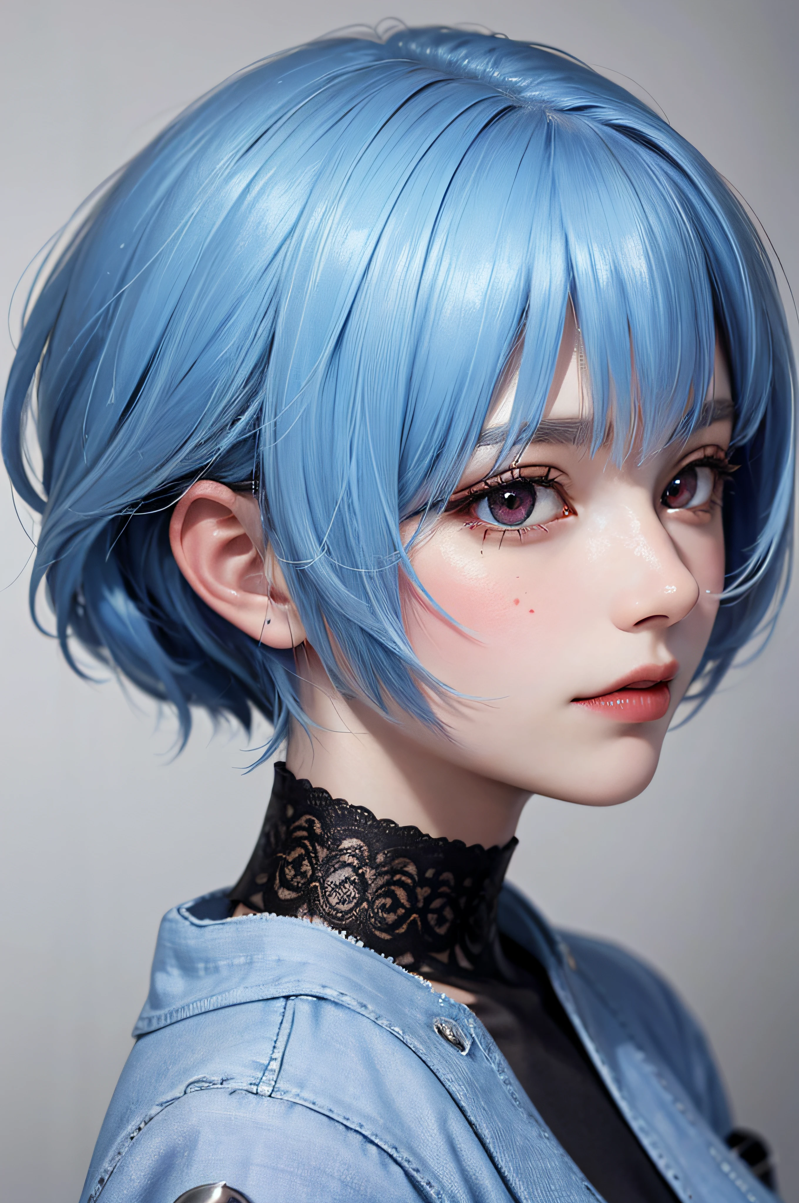 Masterpiece, Best Quality, 8K, Detailed Skin Texture, Detailed Cloth Texture, Beautiful Detail Face, Intricate Detail, Ultra Detailed, Portrait of Rei Ayanami, Blue Hair, Red Eyes, Looking Back, No Background