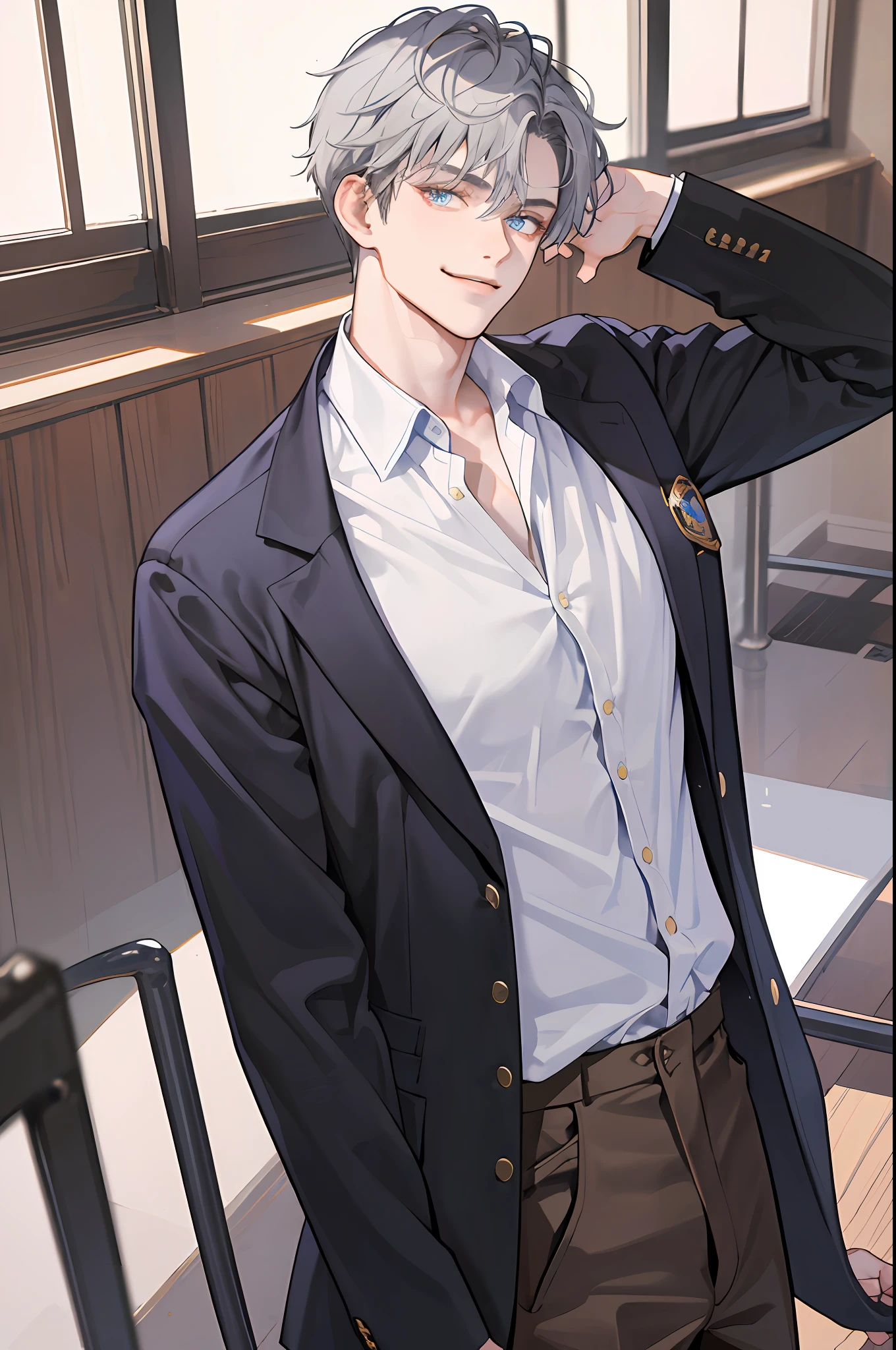 ((Masterpiece: 1.2, top quality)), (handsome: 1.4), best quality, 1man, short hair, hair trimmed short, messy hair, comma bangs, handsome student, solo, trendy, grey hair, icy blue eyes, lean body, tall body, slightly muscular, skinny, masculine, alpha male, clean shaven face, broad shoulders, tiny waist, modern, man wears korean school uniform, sophisticated uniform, brown trousers, dark blue shirt, dark blue blazer, student council badge, half body shot, CG 8k, high school student, smirking, perfect anatomy, correct limbs, looking at viewer, in school classroom