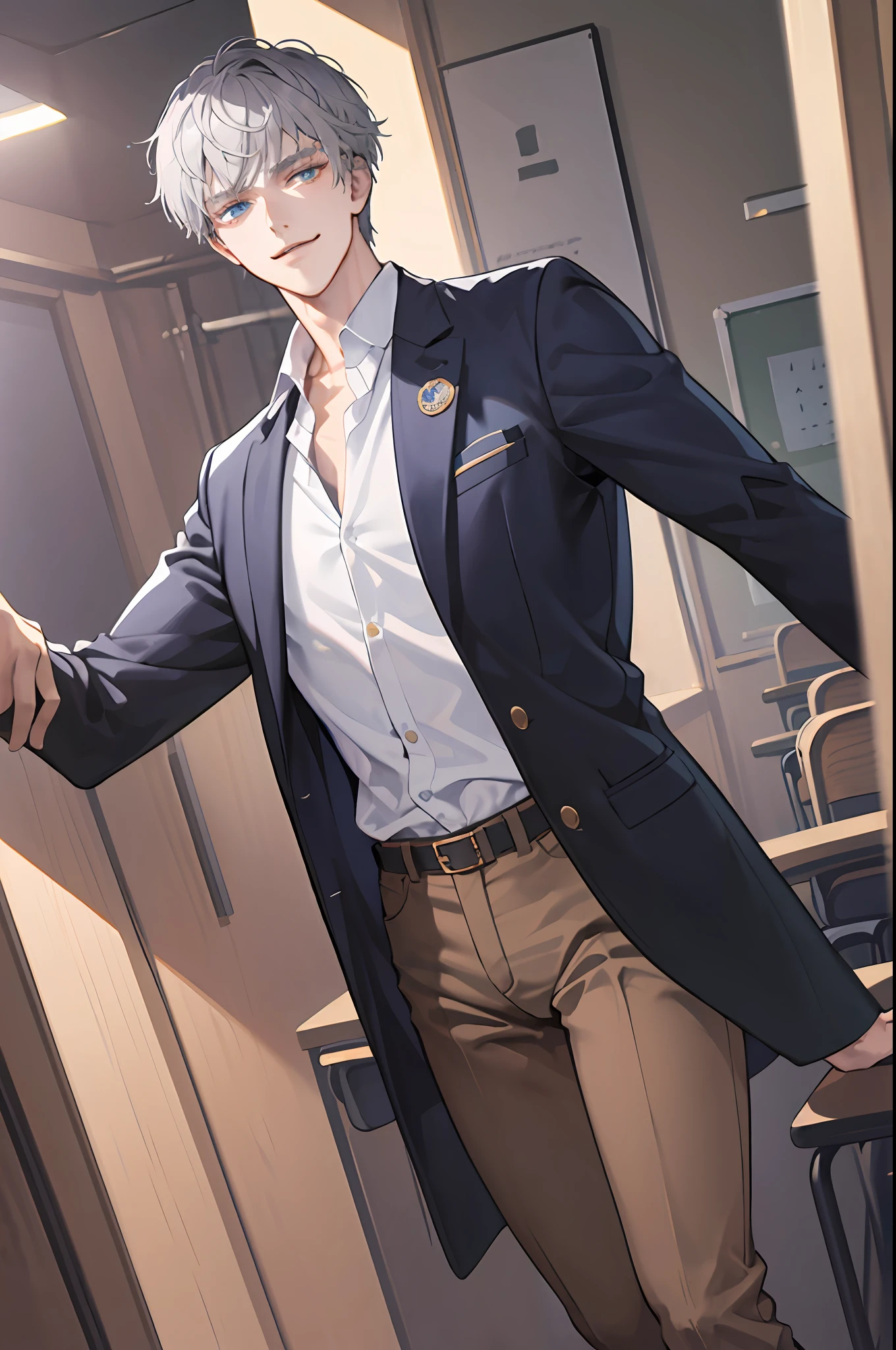 ((Masterpiece: 1.2, top quality)), (handsome: 1.4), best quality, 1man, short hair, hair trimmed short, messy hair, comma bangs, handsome student, solo, trendy, grey hair, icy blue eyes, lean body, tall body, slightly muscular, skinny, masculine, alpha male, clean shaven face, broad shoulders, tiny waist, modern, man wears korean school uniform, sophisticated uniform, brown trousers, dark blue shirt, dark blue blazer, student council badge, half body shot, CG 8k, high school student, smirking, perfect anatomy, correct limbs, looking at viewer, in school classroom