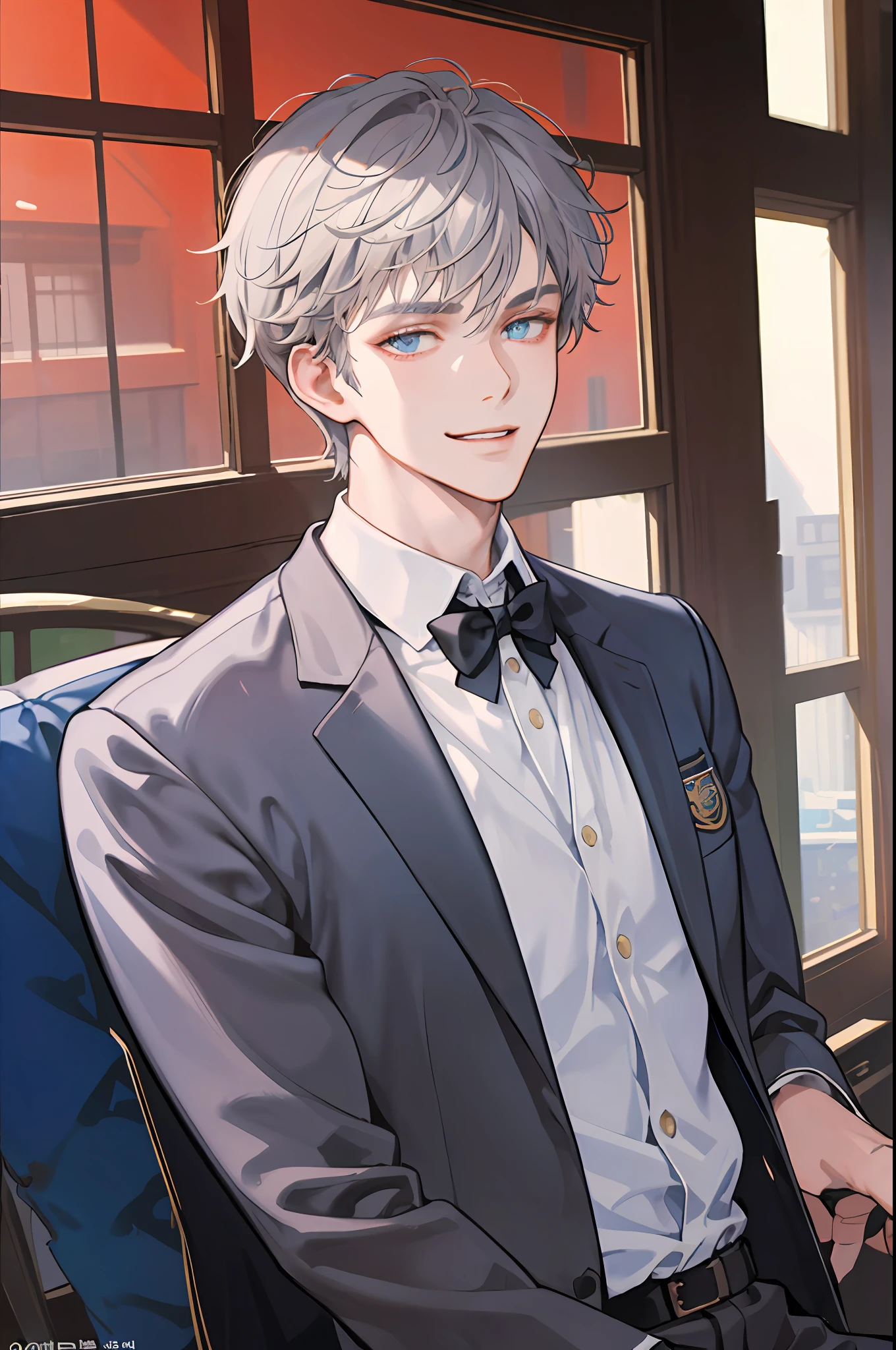 ((Masterpiece: 1.2, top quality)), (handsome: 1.4), best quality, 1man, short hair, hair trimmed short, messy hair, comma bangs, handsome student, solo, trendy, grey hair, icy blue eyes, lean body, tall body, slightly muscular, skinny, masculine, alpha male, clean shaven face, broad shoulders, tiny waist, modern, man wears korean school uniform, sophisticated uniform, brown trousers, dark blue shirt, dark blue blazer, student council badge, half body shot, CG 8k, high school student, smirking, perfect anatomy, correct limbs, looking at viewer, in school classroom