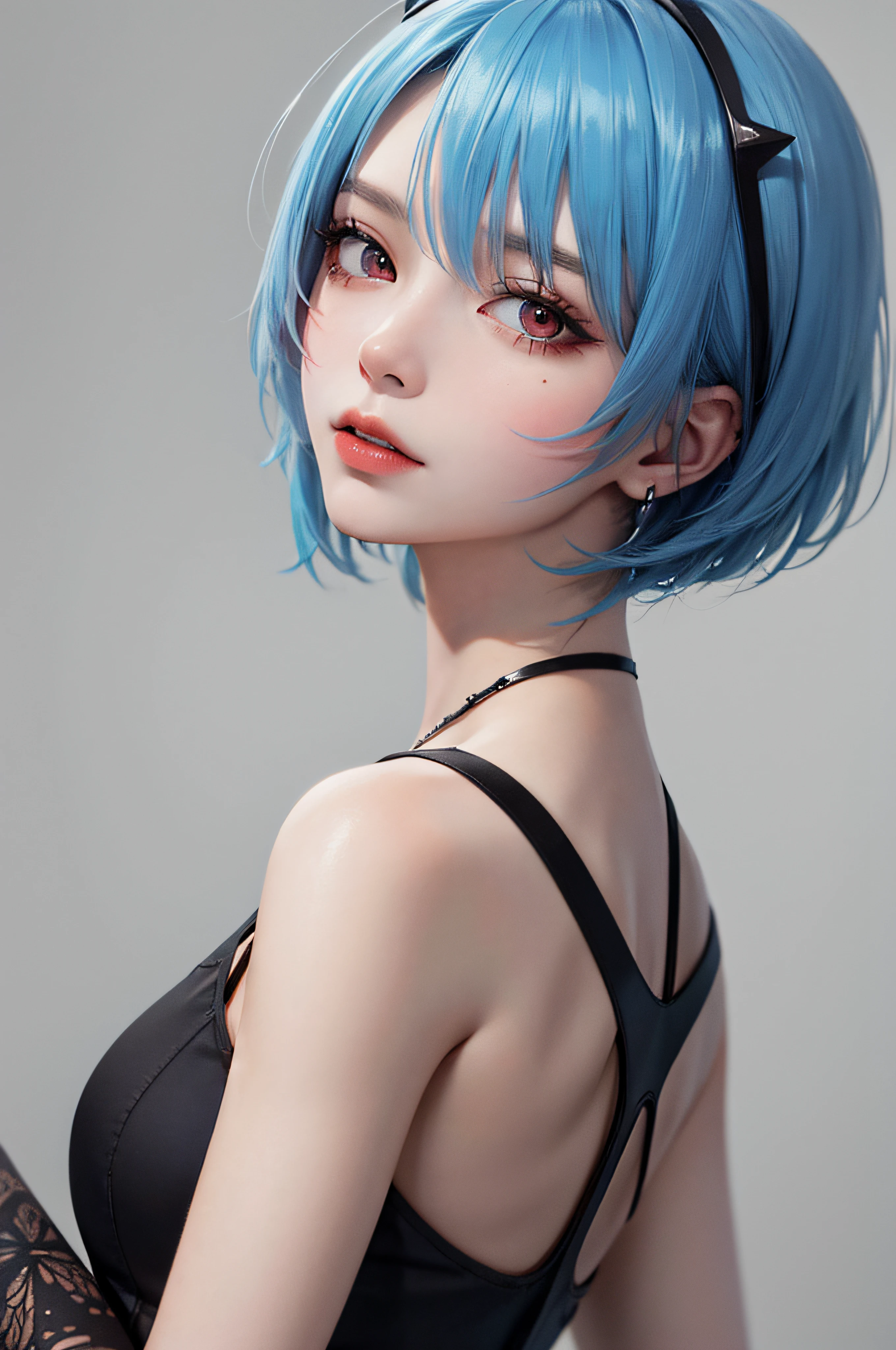 Masterpiece, Best Quality, 8K, Detailed Skin Texture, Detailed Cloth Texture, Beautiful Detail Face, Intricate Detail, Ultra Detailed, Portrait of Rei Ayanami, Blue Hair, Red Eyes, Looking Back, No Background
