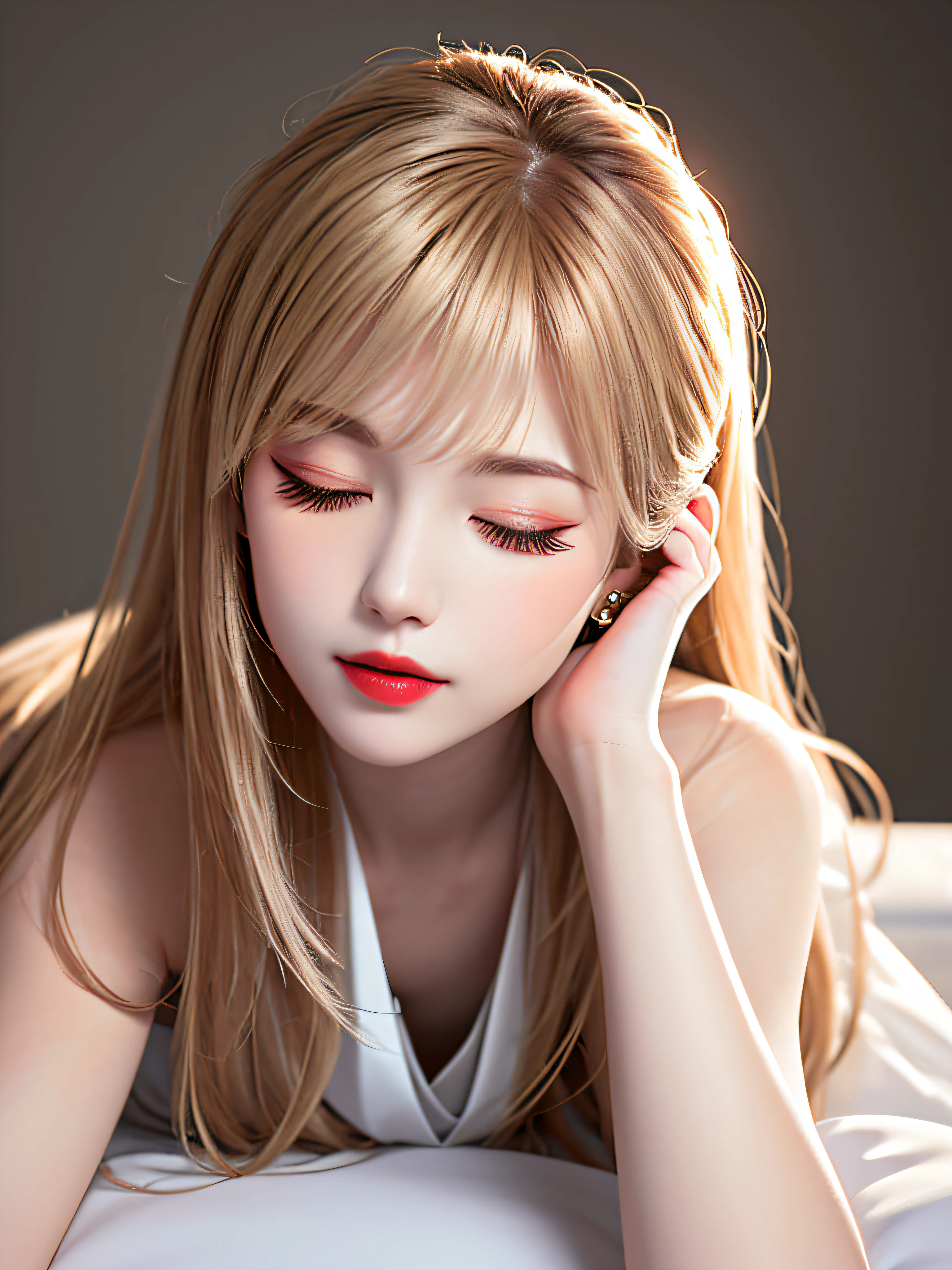 (Female teacher lying on bed)))v6, earrings, full body v6, (long golden white hair), translucent clothes, look, superb, ultra high definition, RAW photography, realism 1.25), (bright lip gloss, long eyelashes, smooth) face, bright skin, natural shadows, wide light, wide light, depth of field, strong colors, subtle caustics: 0.8), (big), v6 ( Transparent white blouse))), sleeveless, (eyes closed, face down)), lower body slender, behind the woman, there are various flowers beautiful (absurd, high resolution, super detailed), ((a little dirty throughout, clothes are also torn))