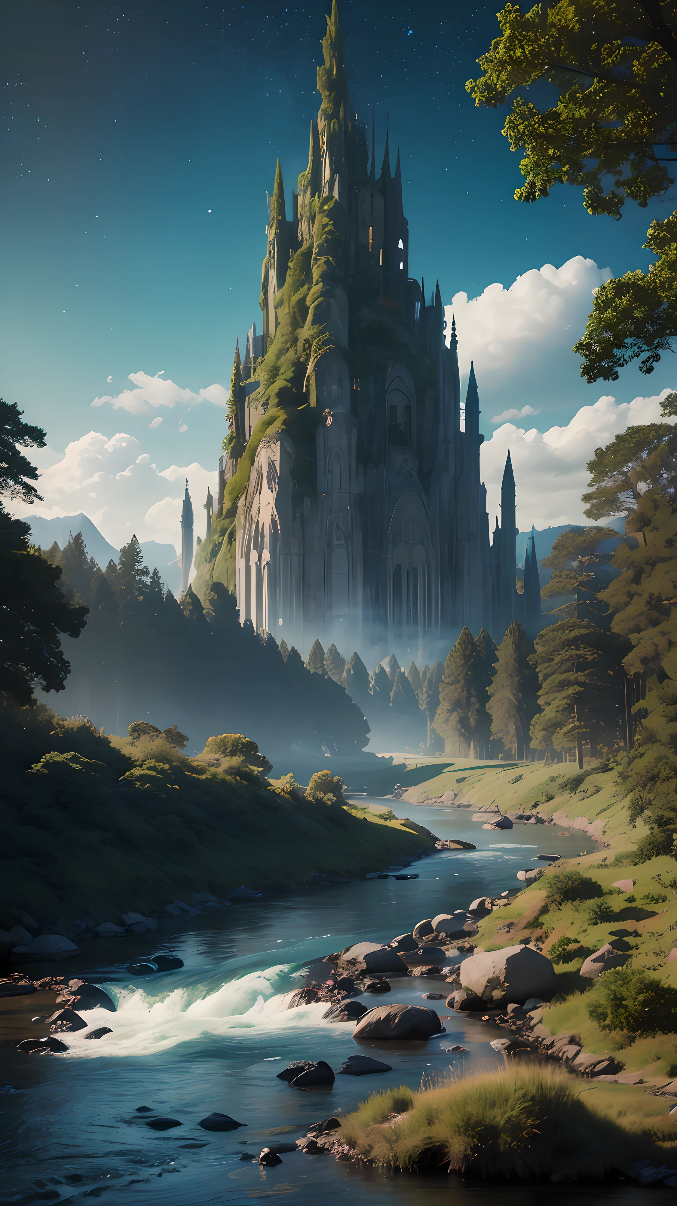 Illustration of a hyperrealistic , otherworldly, ultrasky scene featuring a giant crystal tree full body,very detailed and magical lighting, intricate forest details, vegetation and river around, solarpunk ,landscape, giant tree, beatifull leafy with beautiful lighting and realistic proportions, as if it were a cinematic background, 8k, highest quality, masterpiece, clouds and stars in the sky.
