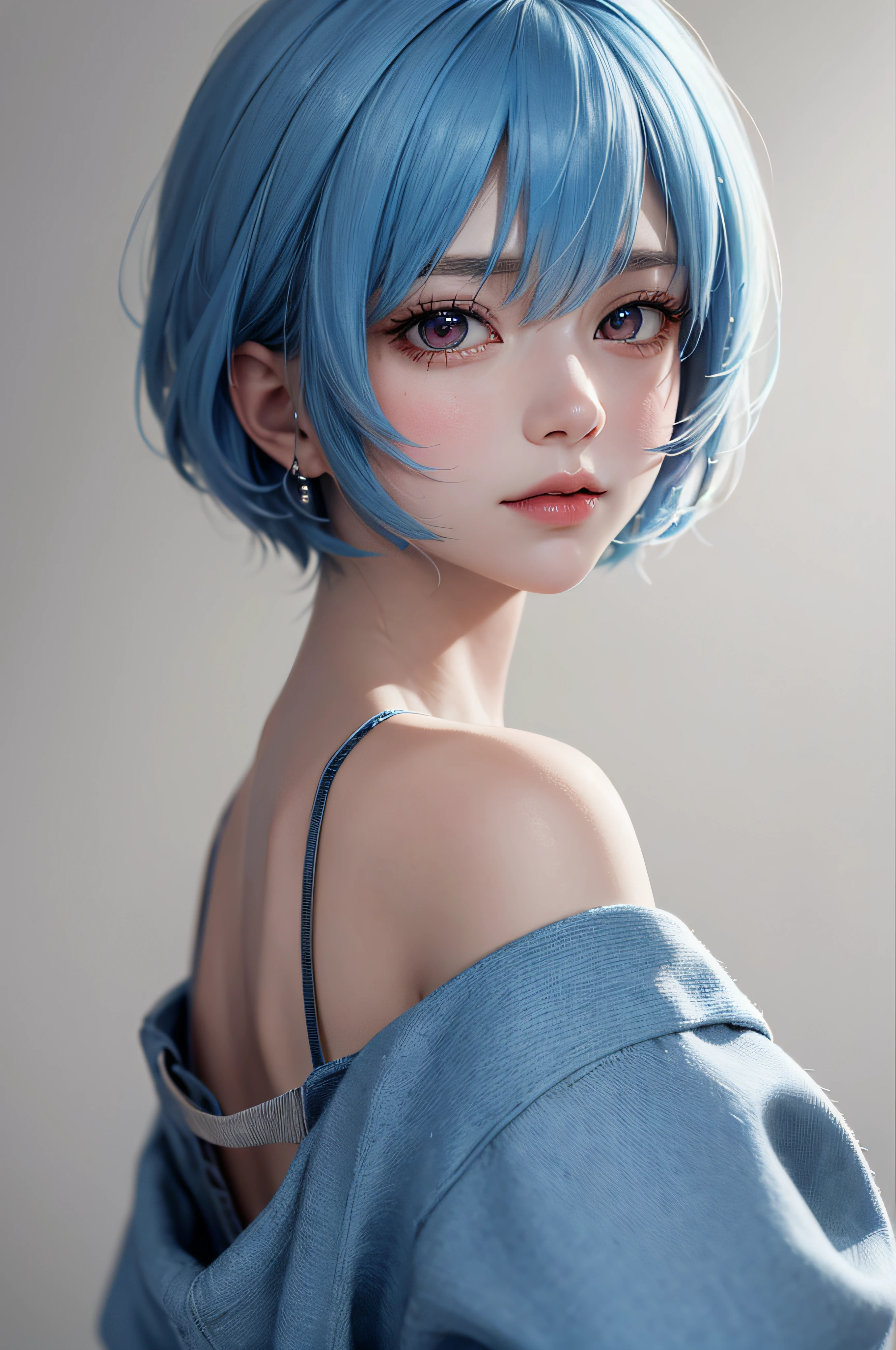 Masterpiece, Best Quality, 8K, Detailed Skin Texture, Detailed Cloth Texture, Beautiful Detail Face, Intricate Detail, Ultra Detailed, Portrait of Rei Ayanami, Blue Hair, Red Eyes, Looking Back, No Background