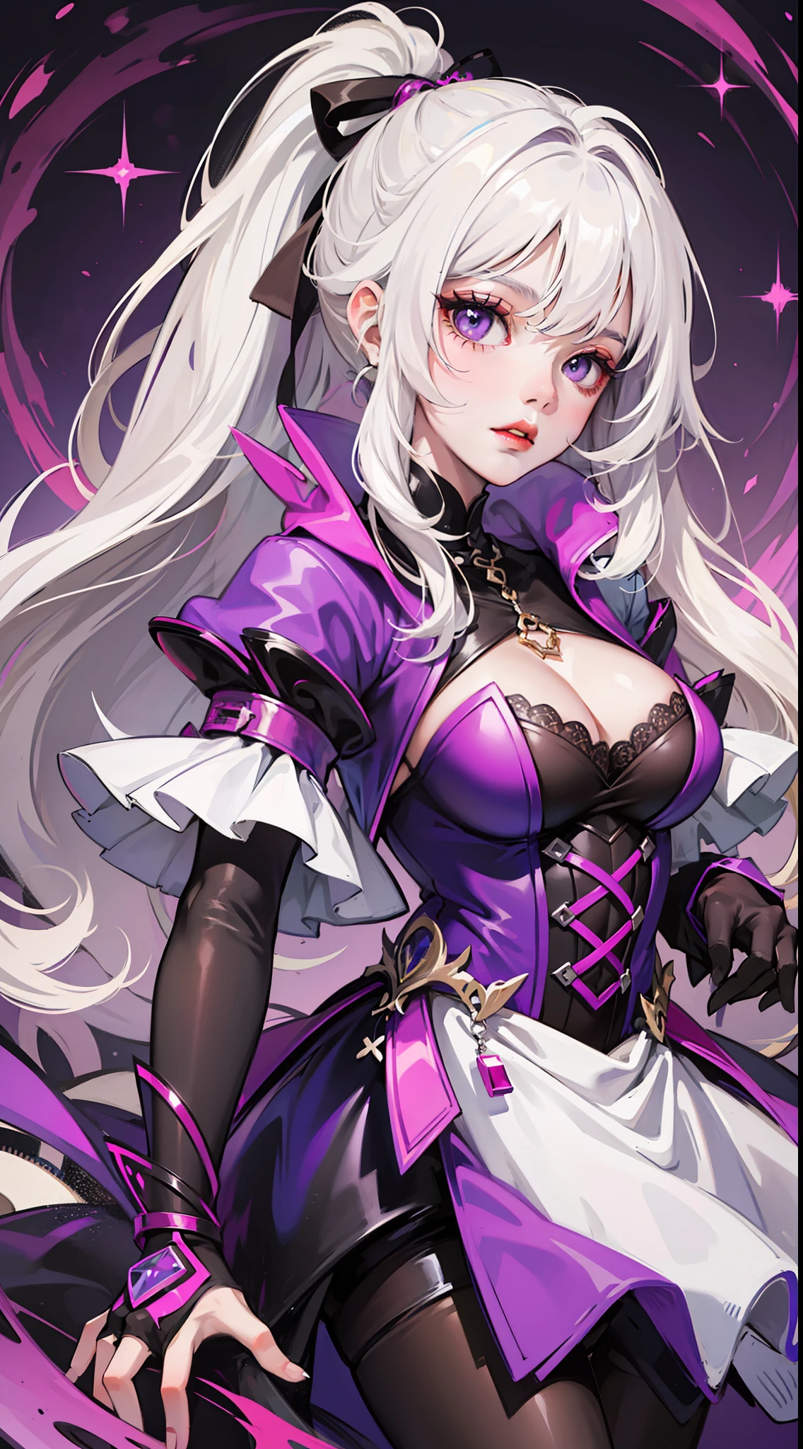 Young girl, long white hair, high ponytail, purple eyes, purple princess dress, evil look, masterpiece, high quality