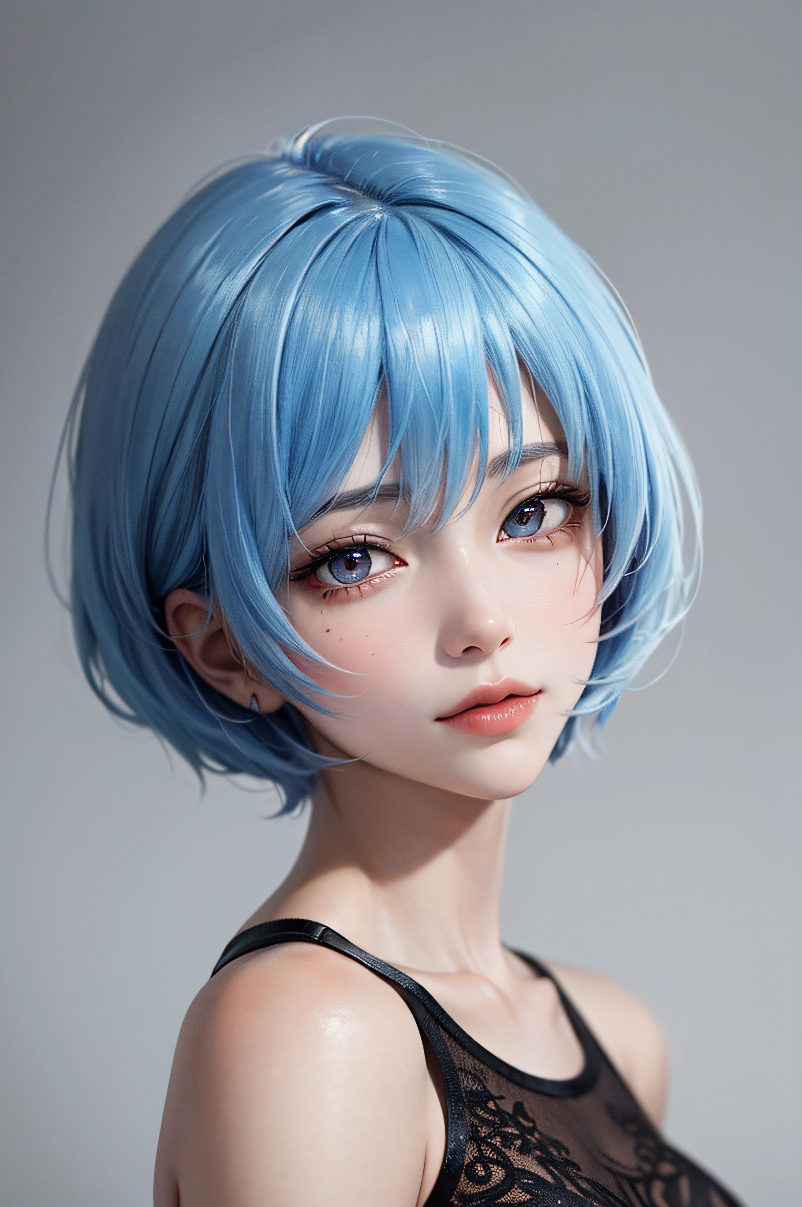 Masterpiece, Best Quality, 8K, Detailed Skin Texture, Detailed Cloth Texture, Beautiful Detail Face, Intricate Detail, Ultra Detailed, Portrait of Rei Ayanami, Blue Hair, Red Eyes, Looking Back, No Background