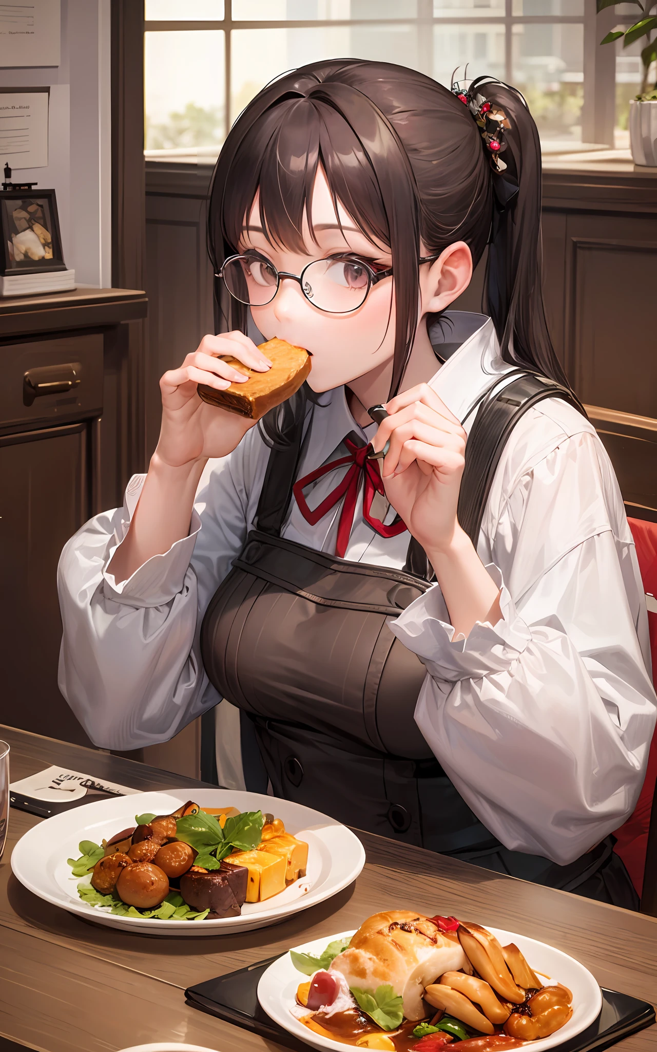 Top Quality, 8K, 4K, High Definition, Details Beautiful round glasses girl, dark haired girl, pigtails, eating lunch, Japanese style costume, coffee shop,