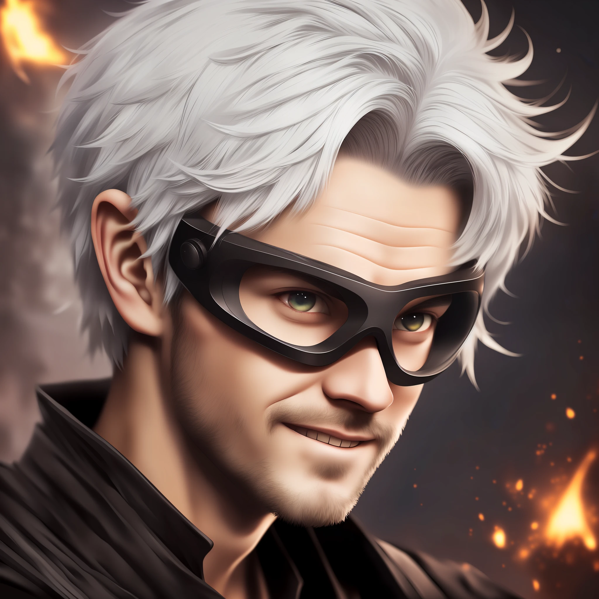 Young male oriental D&D wizard, dark fantasy art, white hair, messy hair, goggles on head, scar across eye, dilated pupils, half-closed eyes, pointy ears, light smile, film grain, masterpiece, anatomically correct, 8k, best quality