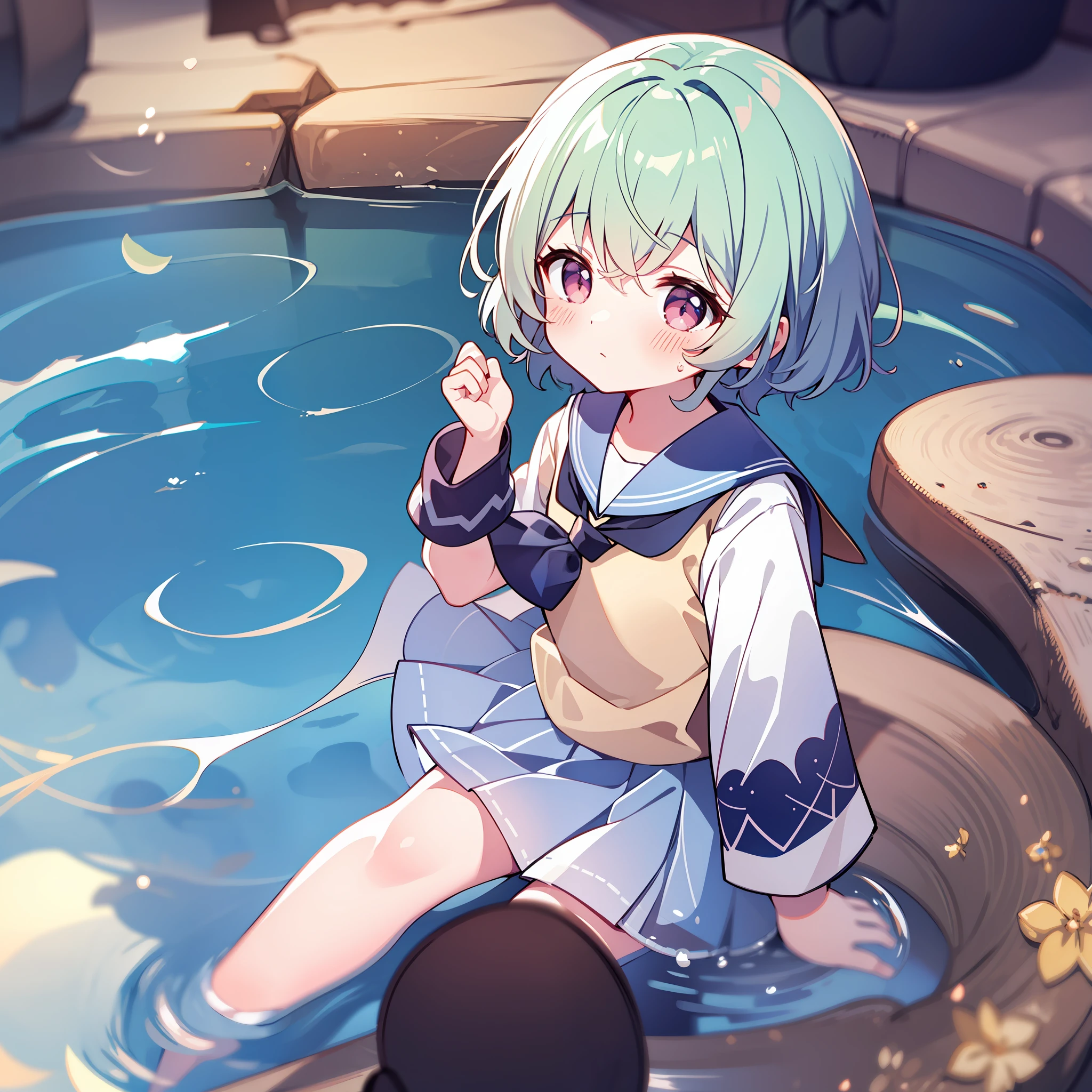blush, outdoors, daytime, simple background, blue sky, rippled hair, sky, looking at the audience, loli, very cute expression, small short legs, avatar, toes, sailor suit