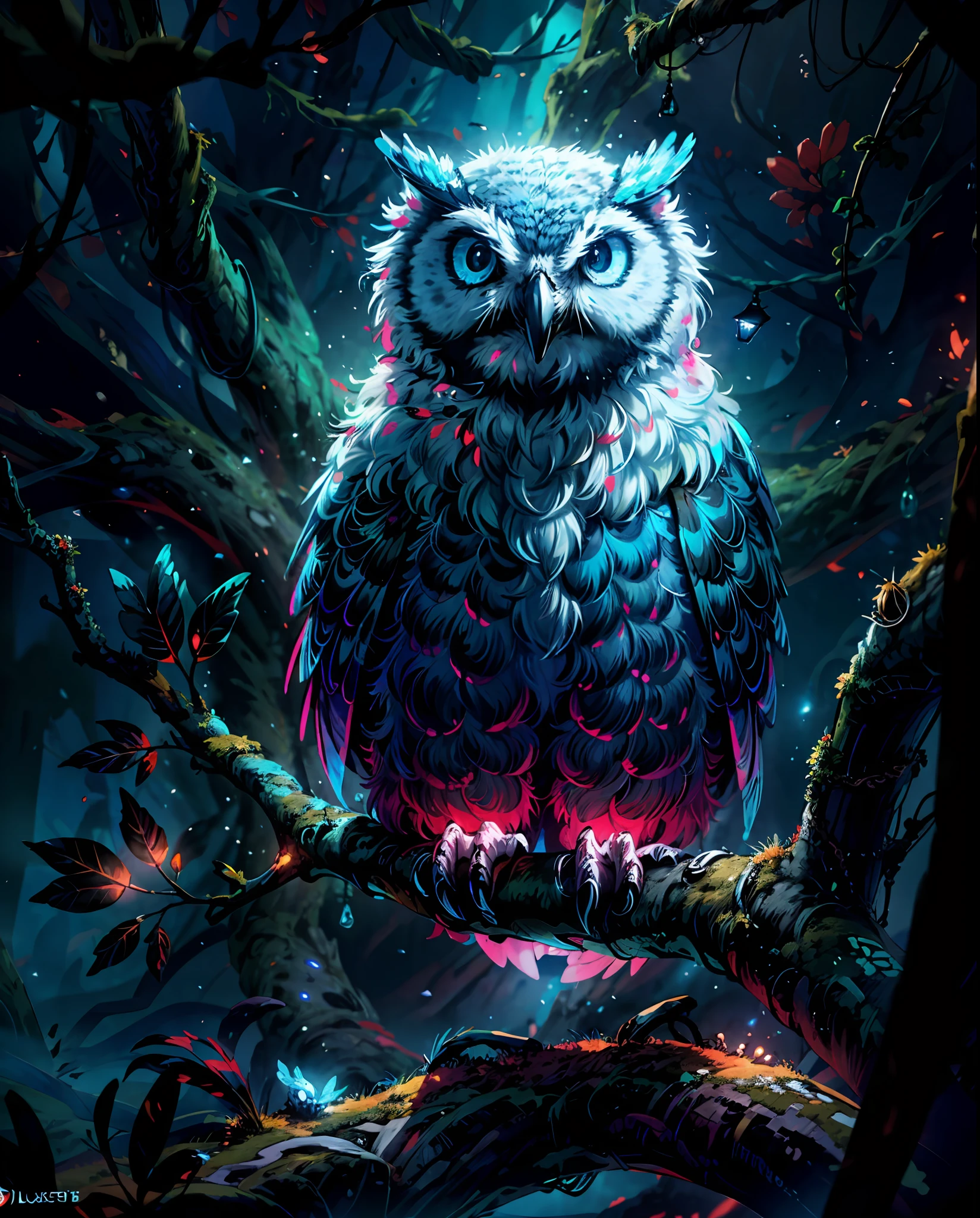 close shot of a mythical owl with colorful feathers, galaxy eyes, shiny feathers, detailed feathers, detailed big eyes, the owl is landing on an alien tree branch , looking at viewers with the eyes of judgement, focus, alien landscape background .BREAK,Detailed,Realistic,4k highly detailed digital art,octane render, bioluminescent, BREAK 8K resolution concept art, realism,by Mappa studios,masterpiece,best quality,official art,illustration,ligne claire,(cool_color),perfect composition,absurdres, fantasy,focused,rule of thirds,