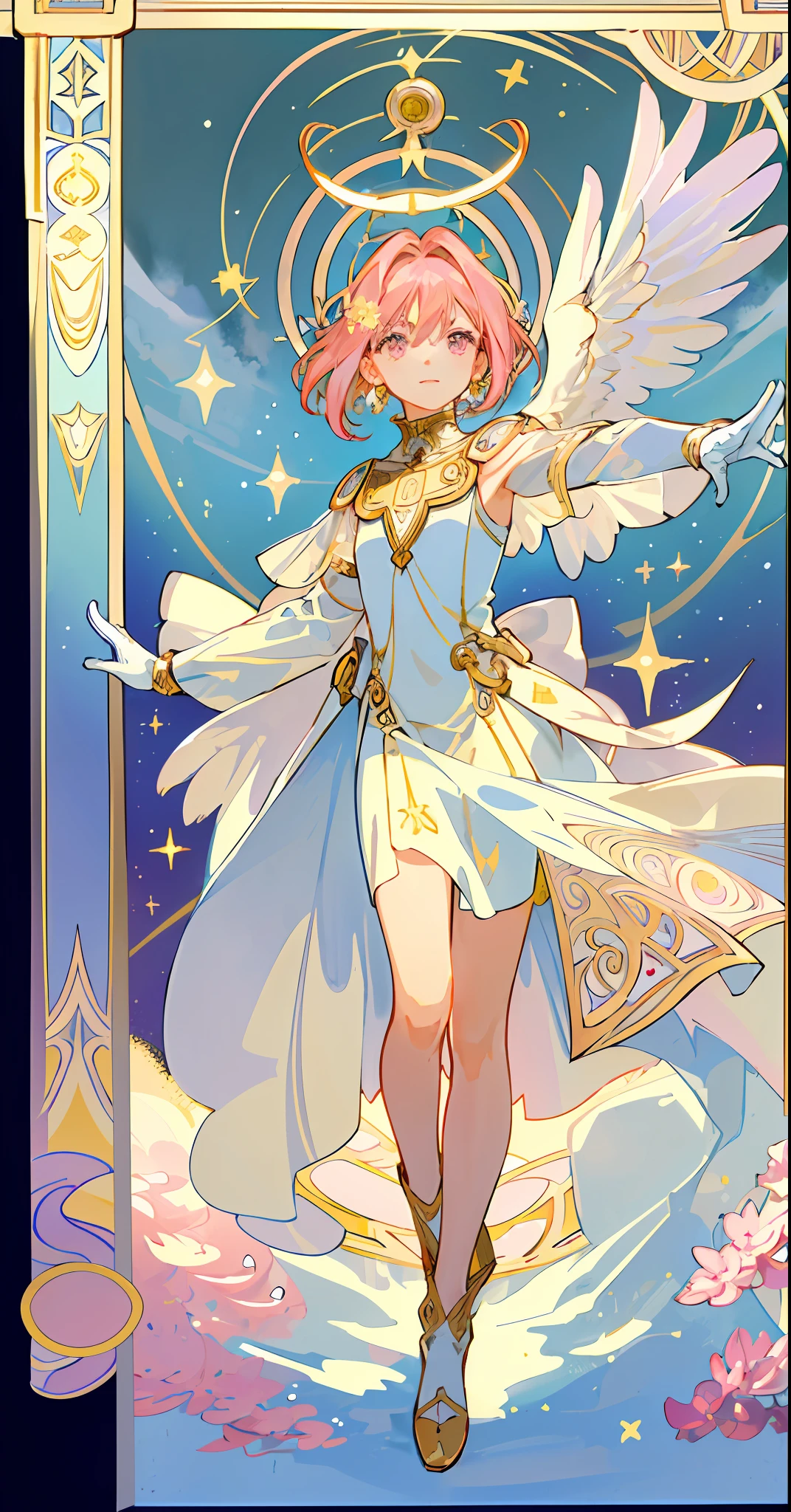 ((masterpiece,best quality)),(1girl, solo:1.4),beautiful detailed eyes, vivid, cinematic light, full_body, pink_flowers, (tarot_card), intricate, detailed background, looking_at_viewer, Cardcaptor sakura, hands reaching out, (flat chest), (walking), casual pose, posing, (white_gloves), (pink_eyes), white feathers, sparkles, glitter, celestial, outerspace, by alphonse mucha, (gold frame), halo, (tarot border)