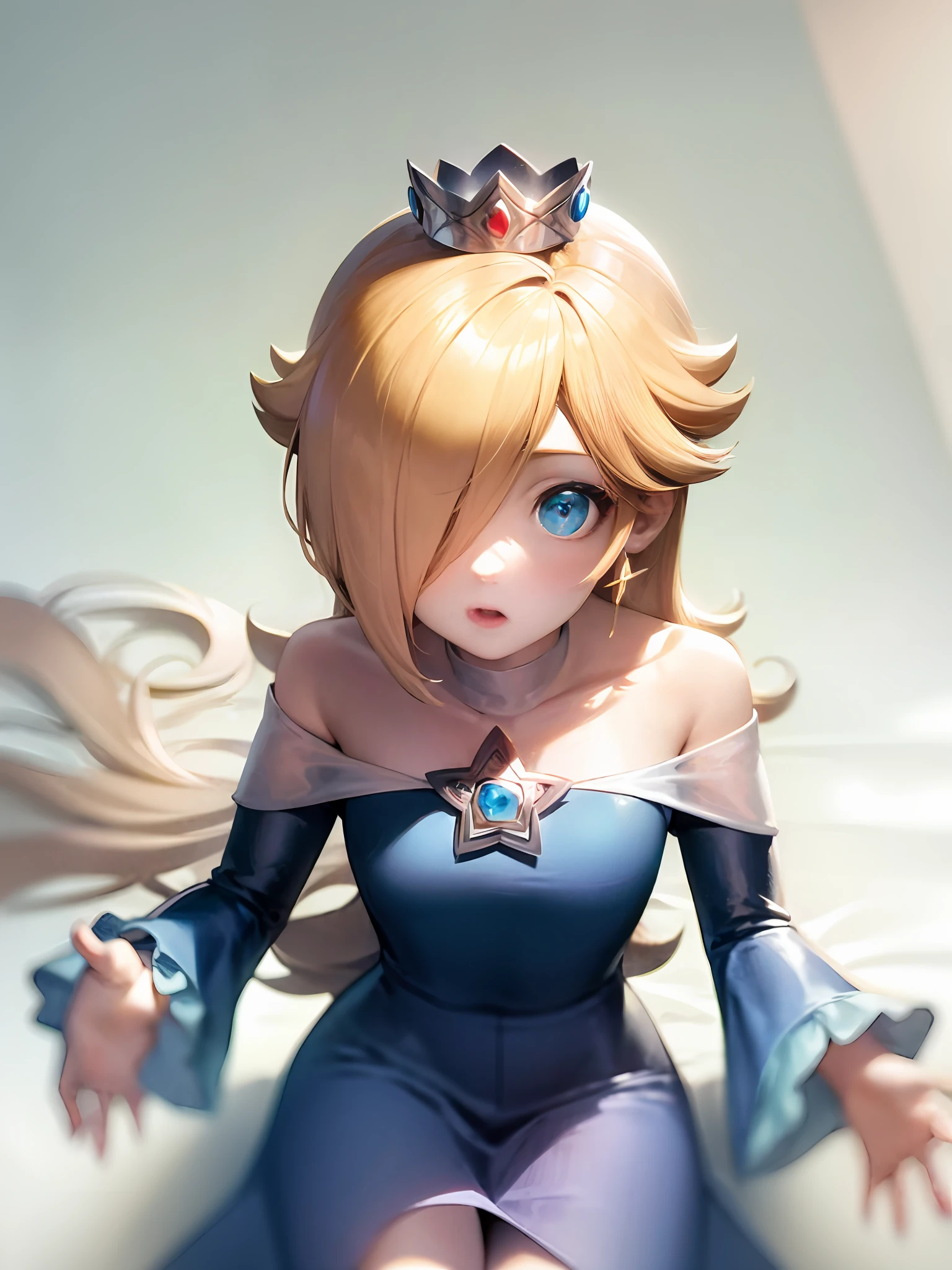 Revealing a pair of sky blue eyes, long blonde hair, off-the-shoulder gradient blue dress, blonde princess, inspired by Princess Elsa of Frozen, realistic, brush stroke, snowy day