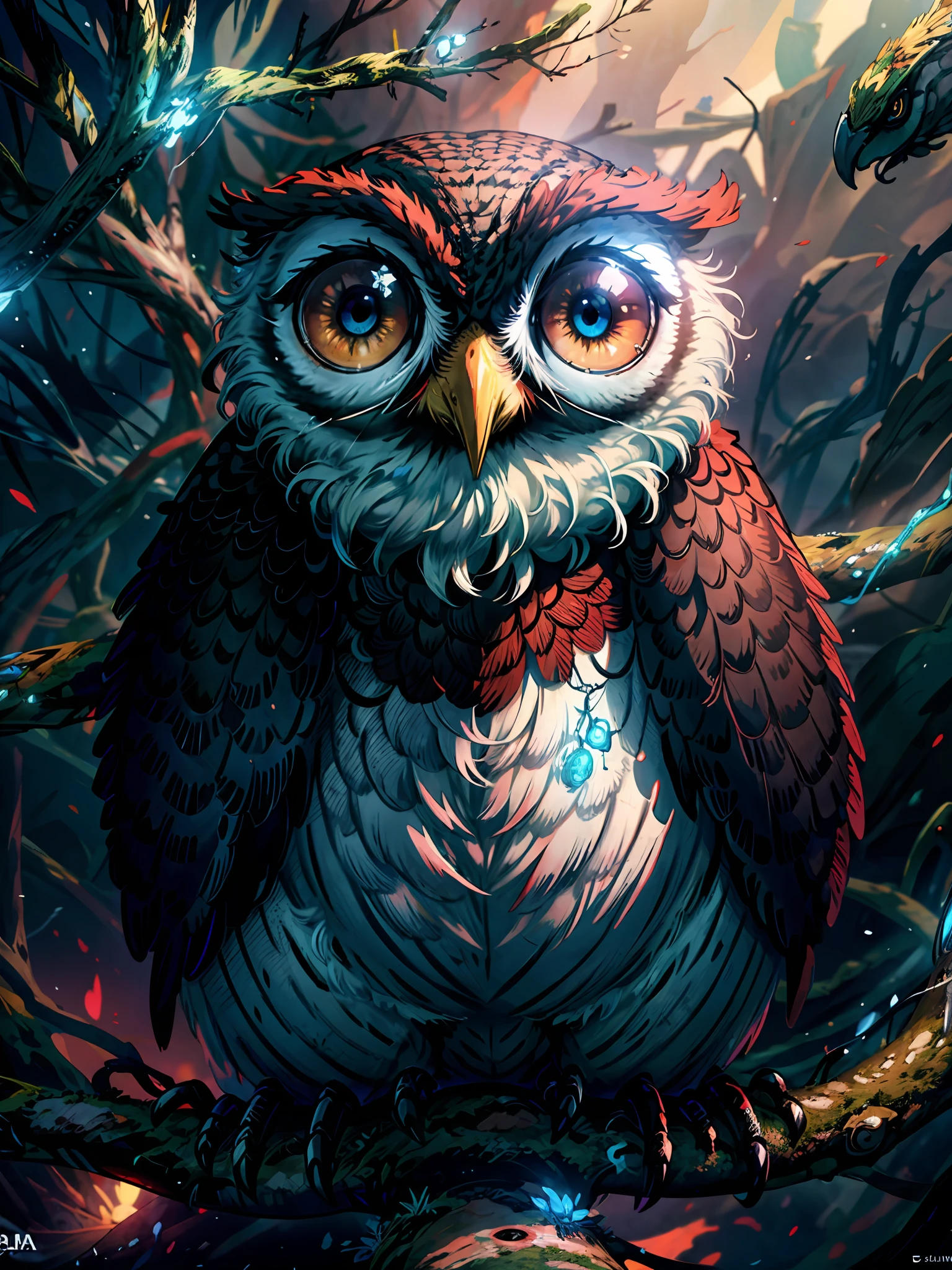 close shot of a mythical owl with colorful feathers, galaxy eyes, shiny feathers, detailed feathers, detailed big eyes, the owl is landing on an alien tree branch , looking at viewers with the eyes of judgement, focus, alien landscape background .BREAK,Detailed,Realistic,4k highly detailed digital art,octane render, bioluminescent, BREAK 8K resolution concept art, realism,by Mappa studios,masterpiece,best quality,official art,illustration,ligne claire,(cool_color),perfect composition,absurdres, fantasy,focused,rule of thirds,