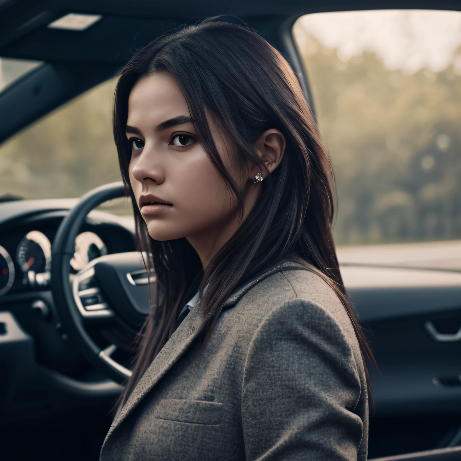 Top Quality, Masterpiece, Ultra High Resolution, (Photorealistic: 1.4), Raw Photo, 1 Girl, Darkness, Deep Shadow, Low Key, Cold Light. Upper body only image. The hair is long. The clothes are suits. Feeling like you're guiding. There is a car in the background