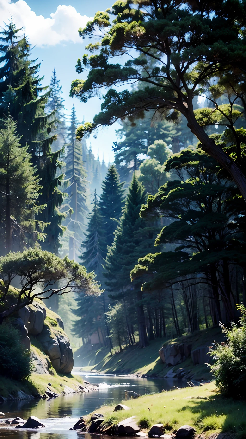 Illustration of a hyperrealistic , otherworldly, ultrasky scene featuring a giant crystal tree full body,very detailed and magical lighting, intricate forest details, vegetation and river around, solarpunk ,landscape, giant tree, beatifull leafy with beautiful lighting and realistic proportions, as if it were a cinematic background, 8k, highest quality, masterpiece, clouds and stars in the sky.