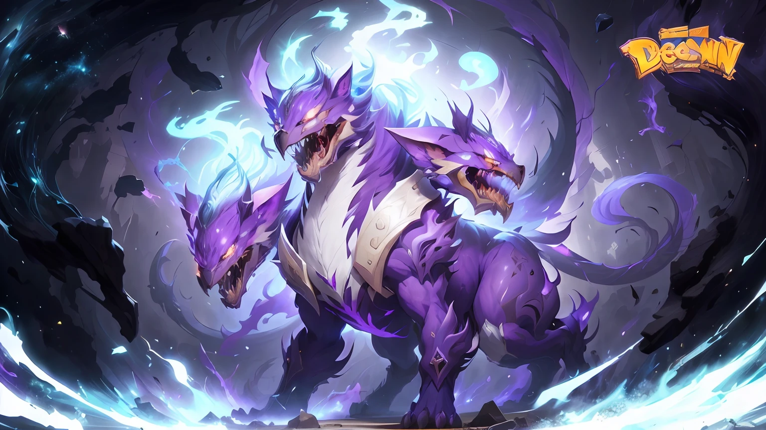 Anime characters in purple and white on purple background, 1 Cerberus with 3 heads, Cerberus with 3 heads, Full Art, Official Splash Art, Pokemon Art Style, High Detail Official Artwork, Super Legend, Koda Kazuuma, Illustrated Pokemon, From Hidden Academy, Gengar, Official Art, Official Art, Mystic Art Style, Extended Art, Full Art Illustration, Pokemon Anime Style, Fierce Battles
