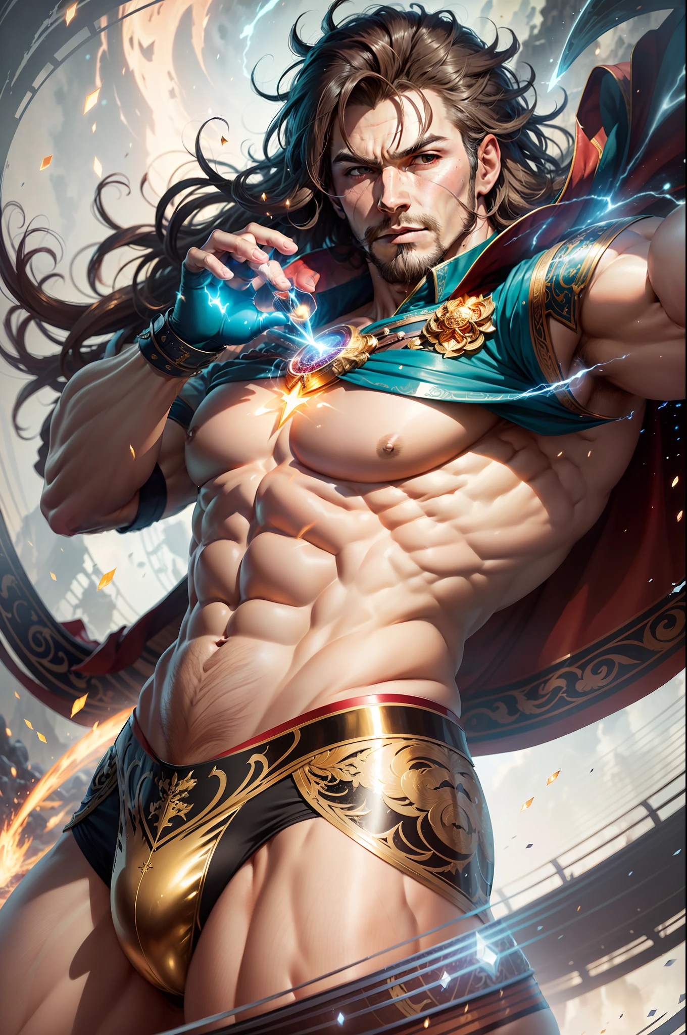 Wizard man, intricate details, strong body, long messy hair, sorcerer's outfit rich in details, vivid colors, abstract scenery, centered image, dynamic pose, realistic, anime style, 16k, underwear with bulge, muscular hero underwear, underwear with hyper bulge, realistic, golden shiny particles, sorcerer's outfit with red underwear with detailed bulge