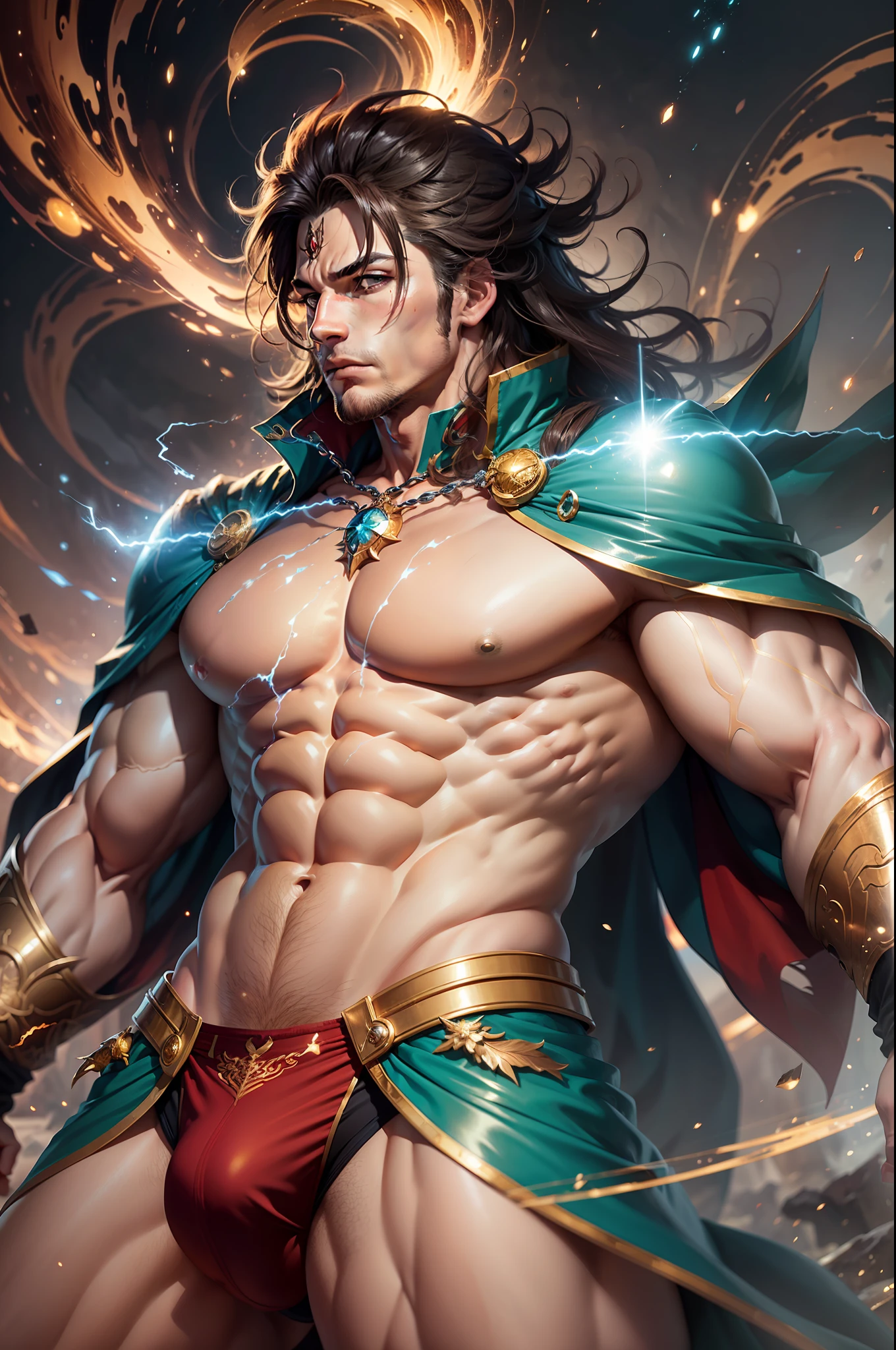 Wizard man, intricate details, strong body, long messy hair, sorcerer's outfit rich in details, vivid colors, abstract scenery, centered image, dynamic pose, realistic, anime style, 16k, underwear with bulge, muscular hero underwear, underwear with hyper bulge, realistic, golden shiny particles, sorcerer's outfit with red underwear with detailed bulge