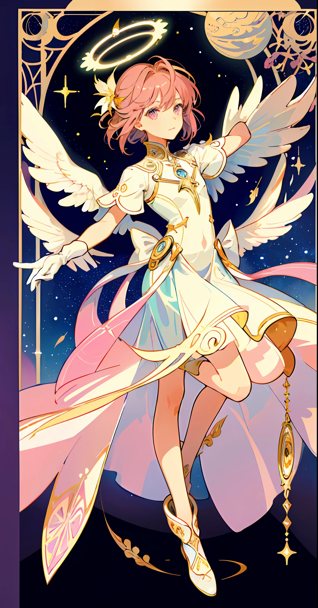 ((masterpiece,best quality)),(1girl, solo:1.4),beautiful detailed eyes, vivid, cinematic light, full_body, pink_flowers, (tarot_card), intricate, detailed background, looking_at_viewer, Cardcaptor sakura, hands reaching out, (flat chest), (walking), casual pose, posing, (white_gloves), (pink_eyes), white feathers, sparkles, glitter, celestial, outerspace, by alphonse mucha, (gold frame), halo, (tarot border)