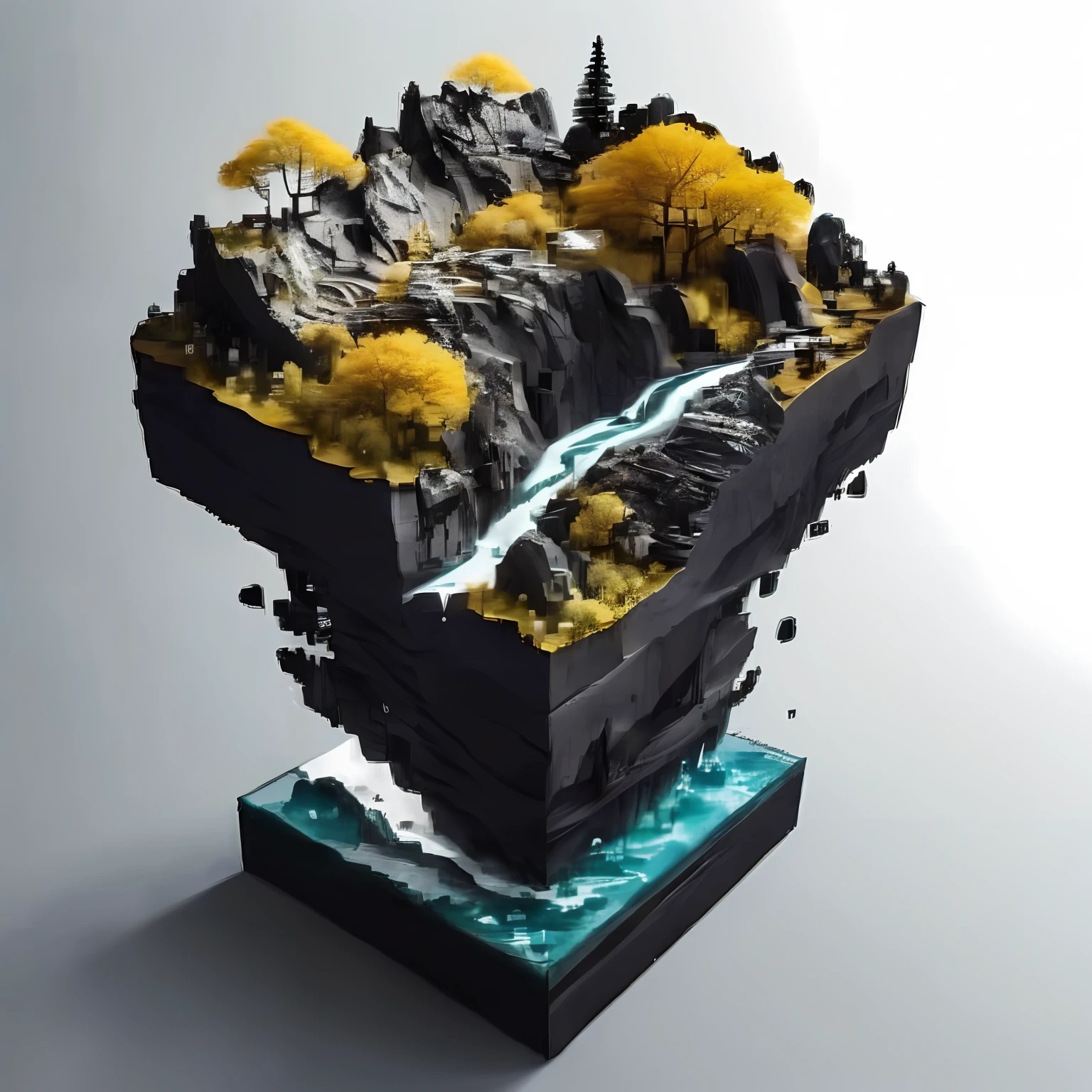 microworld render style, tiny glass cube contained, inside the cube are (scenery, ink, mountains, water, trees) , volumetric, clouds, vibrant, colorful, highly detailed, 4k uhd, 8k, octane render, centred subject, white background,