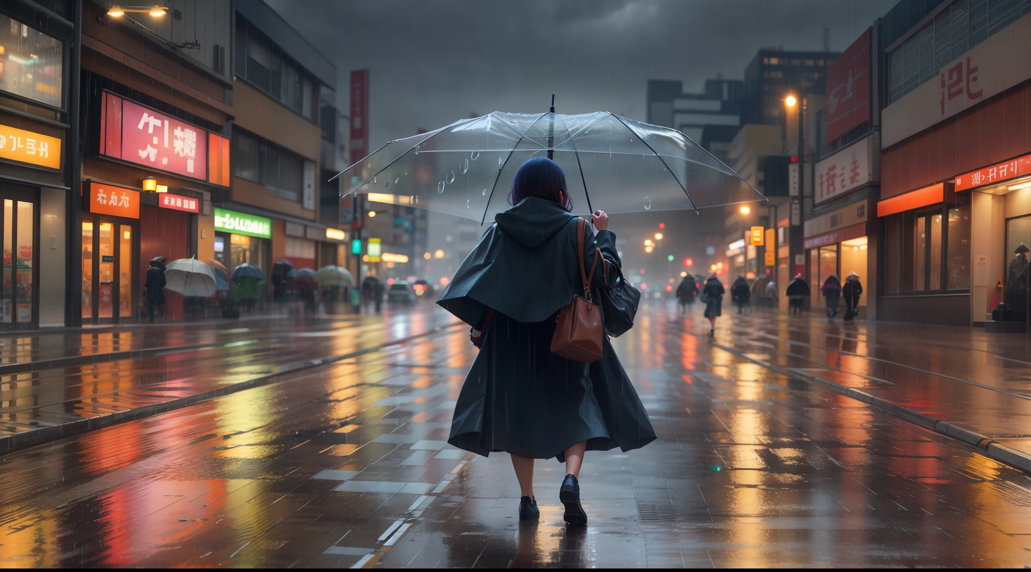 woman walking down a wet street holding an umbrella in the rain, rainy night city street, heavy rainning at tokyo night, rainy evening, rainy urban streets, rainy cyberpunk city, rainy street, rainy night, in the rain in the early evening, rainy streets in the background, rainy city at night, at evening during rain, rainy mood, standing in the rain