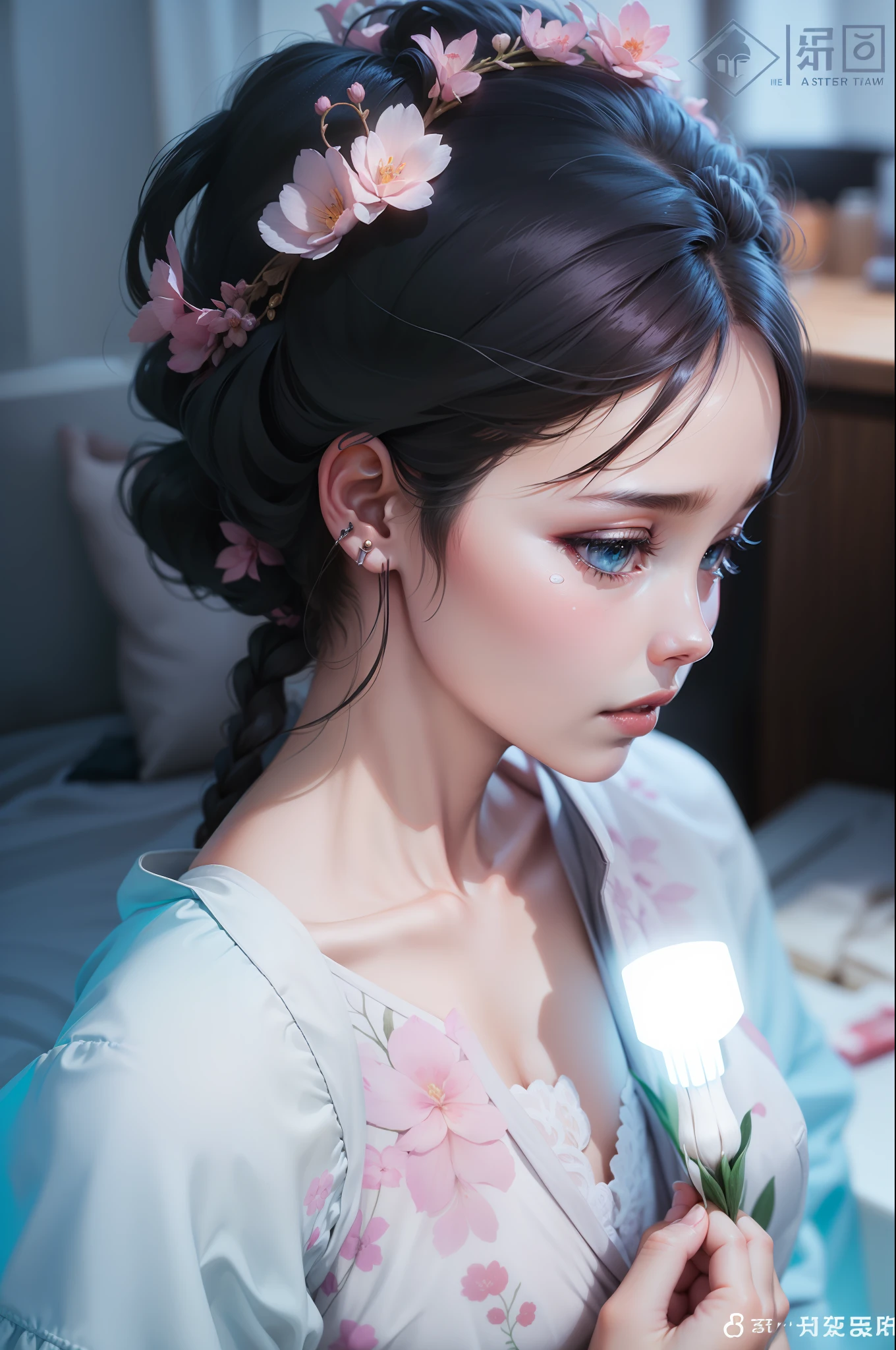 (bestquality、A masterpie:1.2)、Ultra High Res、lifelike、Front lighting、with intricate details、Exquisite details and textures、1girl、solo、(young)、Facial Highlights、fulllllbody、Detailed face、Teardrop mole、White Skin、Silver hair、ponytails、Braid hair、Watch your audience、s big eyes、Silk robes、(Hollow pattern、WHITE、silk)、ear ring、tiny breasts、Slim body、Luxurious room、professional Lighting、Photon mapping、 Radiosity、physically based rendering、(((pull up skirt、White lace panties visible))