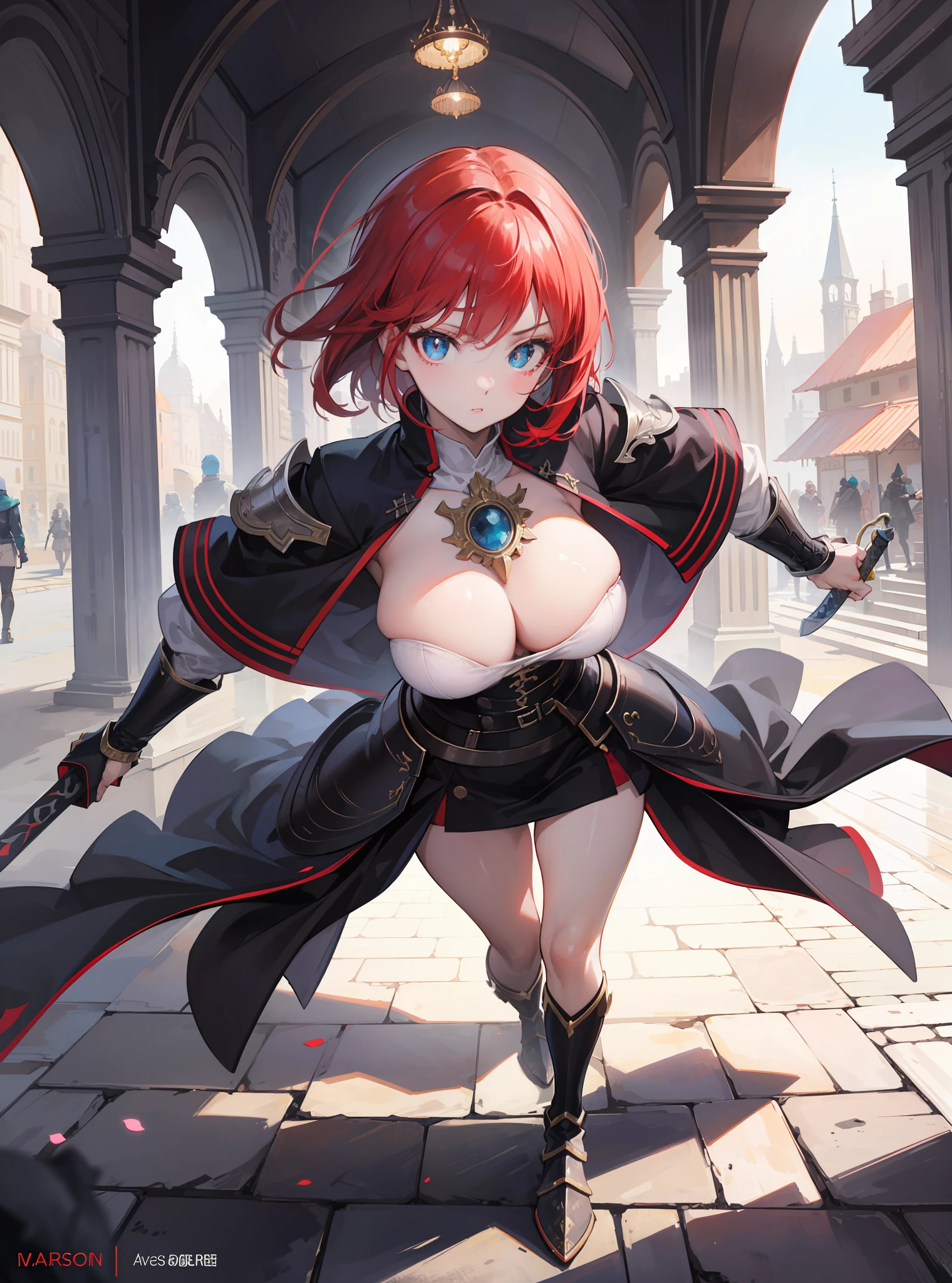 Medieval warrior woman, holding a sword, face ready to attack, whole body, fantasy world, solo, masterpiece, best quality, Anime, hyper-detailed, absurd, short red hair, slender, dynamic lighting, high resolution, sharp focus, depth of field, detailed eyes, sharp pupils, realistic pupils, (big breasts), Medieval city