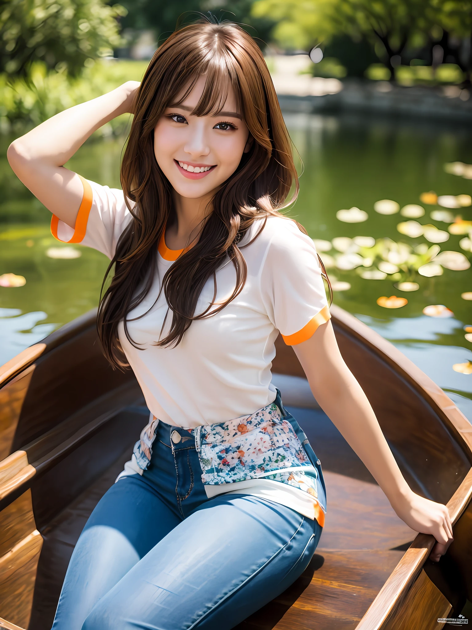 Masterpiece, full body shot, straight front view, 1 girl per photo, Japan young pretty girl, super pretty face, 18 years old, rowing a boat in the park pond with a big smile, glamorous figure, wearing a short-sleeved orange T-shirt, wearing denim pants, shiny lips, double eyelids on both eyes, natural makeup, long eyelashes, shiny smooth light brown hair of medium length, Asymmetrical bangs, tanned skin, central image, 8K resolution, high detail, detailed hairstyle, detailed face, spectacular cinematic lighting, octane rendering, vibrant, ultra-realistic, perfect limbs, perfect anatomy