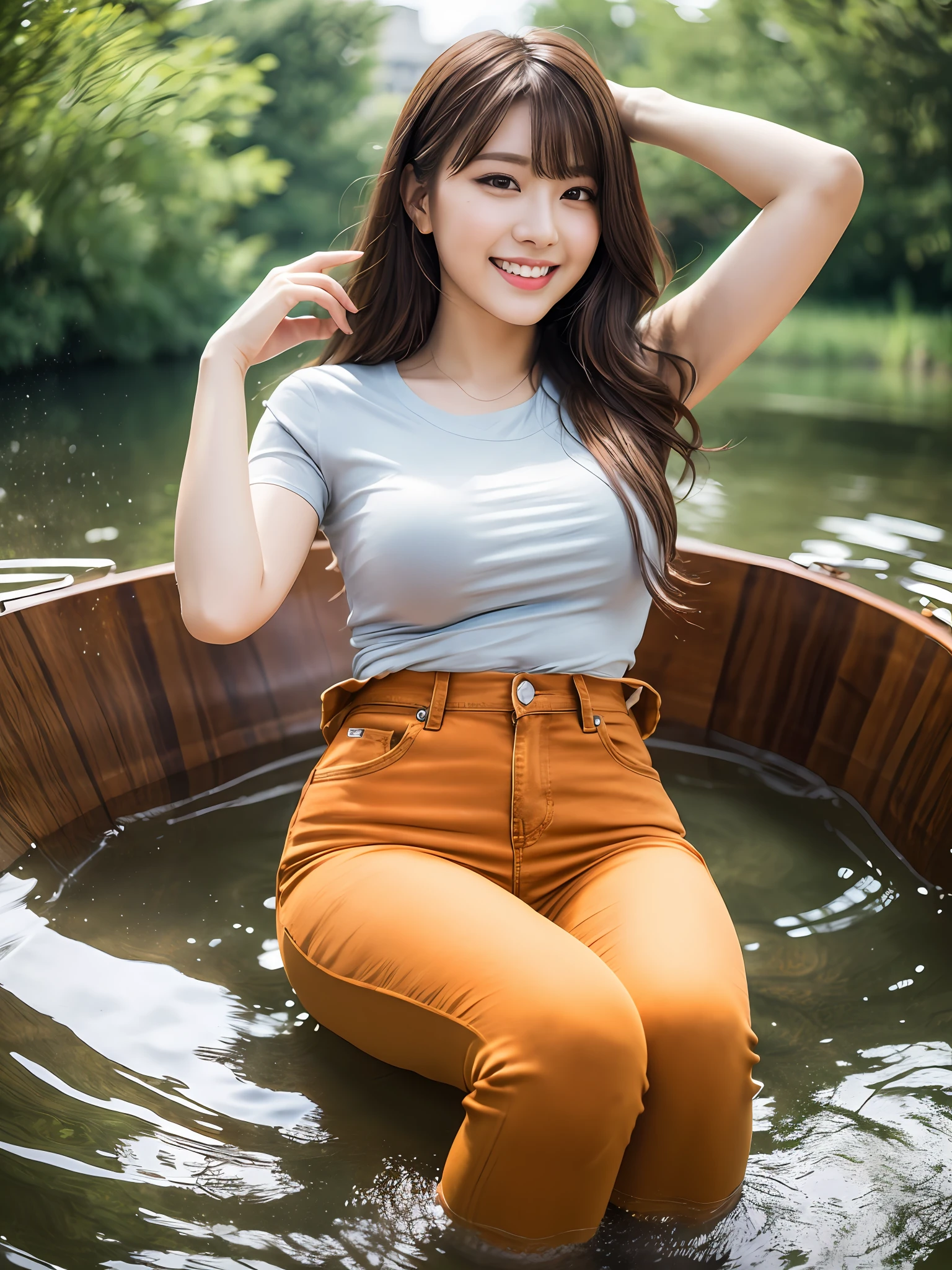 Masterpiece, full body shot, straight front view, 1 girl per photo, Japan young pretty girl, super pretty face, 18 years old, rowing a boat in the park pond with a big smile, glamorous figure, wearing a short-sleeved orange T-shirt, wearing denim pants, shiny lips, double eyelids on both eyes, natural makeup, long eyelashes, shiny smooth light brown hair of medium length, Asymmetrical bangs, tanned skin, central image, 8K resolution, high detail, detailed hairstyle, detailed face, spectacular cinematic lighting, octane rendering, vibrant, ultra-realistic, perfect limbs, perfect anatomy