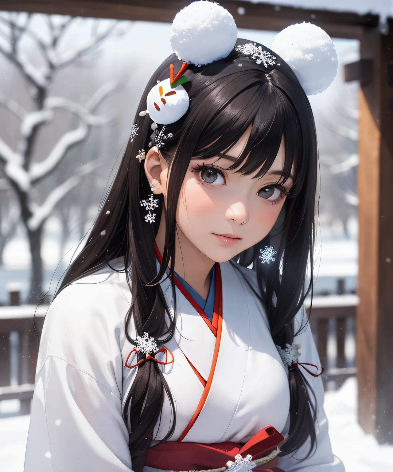 Masterpiece, Realistic, Top Quality, Full Body, Black Ultra Long Hair, (((Beautiful Snow Woman)))), (Beautiful Snow Woman in Old Tales)))), (Japan white kimono and white obi with long red sleeves fluttering only the obi hanging, face pointing downward and narrowed eyes looking up at the viewer)), (((Black hair with snowflake hair ornament and snowman hair fastening)), 20 years old, (Plains in a blizzard)))), ( No headgear))), photorealistic, blur the background