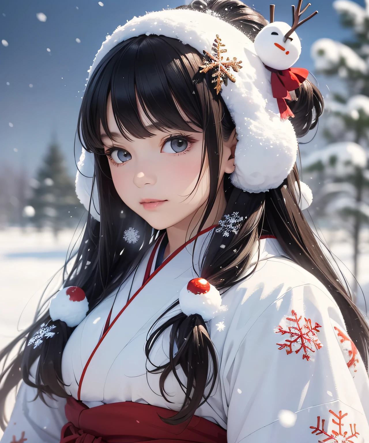 Masterpiece, Realistic, Top Quality, Full Body, Black Ultra Long Hair, (((Beautiful Snow Woman)))), (Beautiful Snow Woman in Old Tales)))), (Japan white kimono and white obi with long red sleeves fluttering only the obi hanging, face pointing downward and narrowed eyes looking up at the viewer)), (((Black hair with snowflake hair ornament and snowman hair fastening)), 20 years old, (Plains in a blizzard)))), ( No headgear))), photorealistic, blur the background