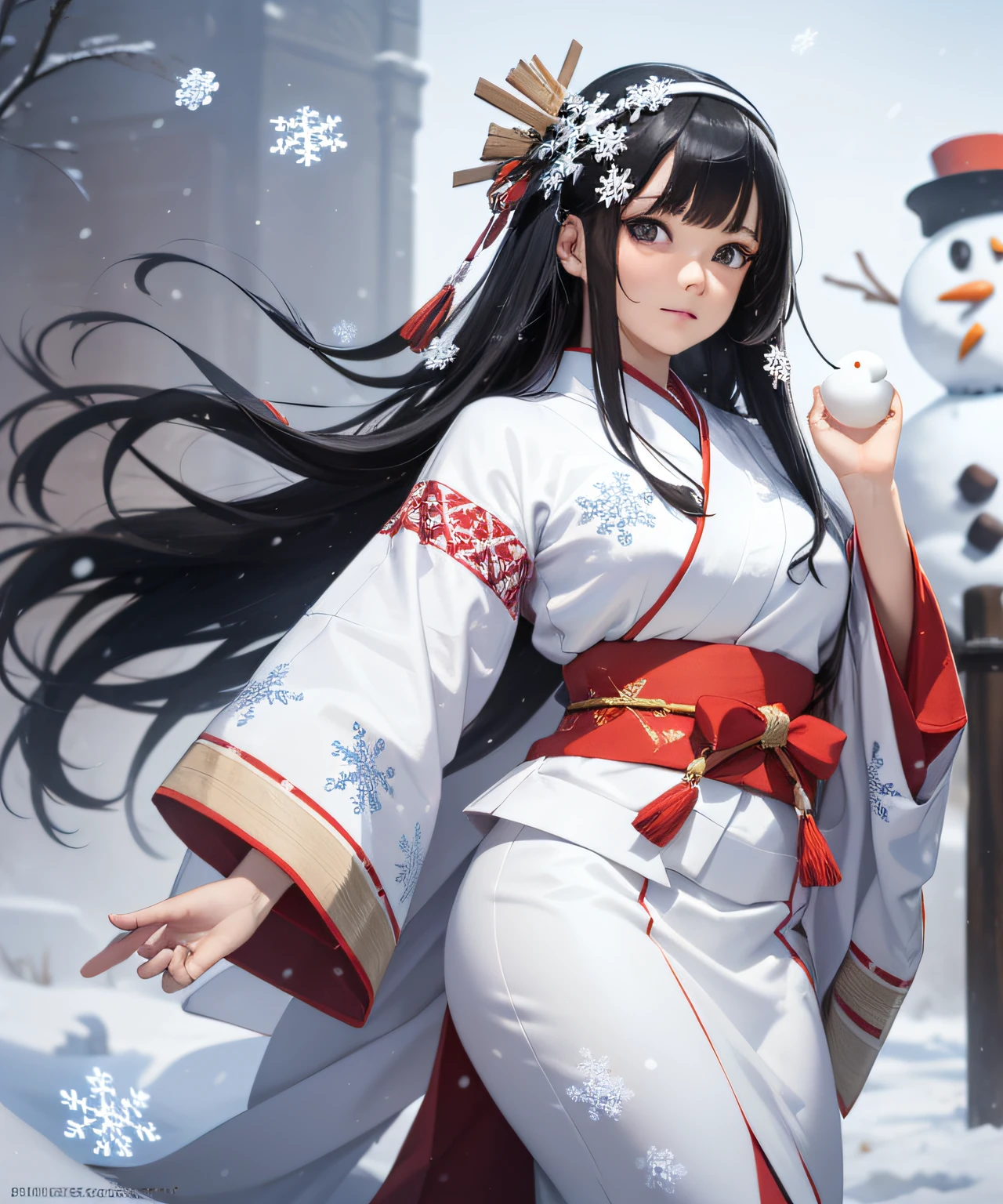 Masterpiece, Realistic, Top Quality, Full Body, Black Ultra Long Hair, (((Beautiful Snow Woman)))), (Beautiful Snow Woman in Old Tales)))), (Japan white kimono and white obi with long red sleeves fluttering only the obi hanging, face pointing downward and narrowed eyes looking up at the viewer)), (((Black hair with snowflake hair ornament and snowman hair fastening)), 20 years old, (Plains in a blizzard)))), ( No headgear))), photorealistic, blur the background